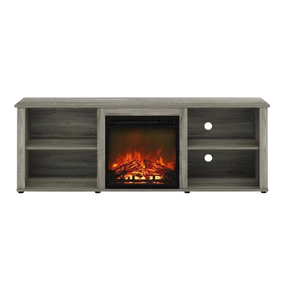 Alt View 3. FurniFact - Wood TV stand with fireplace in French Oak Grey for modern living - Gray.