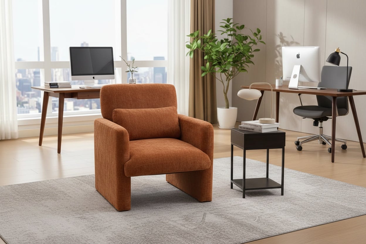 Forest'nSky - Modern Office Chair in White Boucle Fabric - Upholstered Ergonomic Armchair for Desk & Lounge - Orange