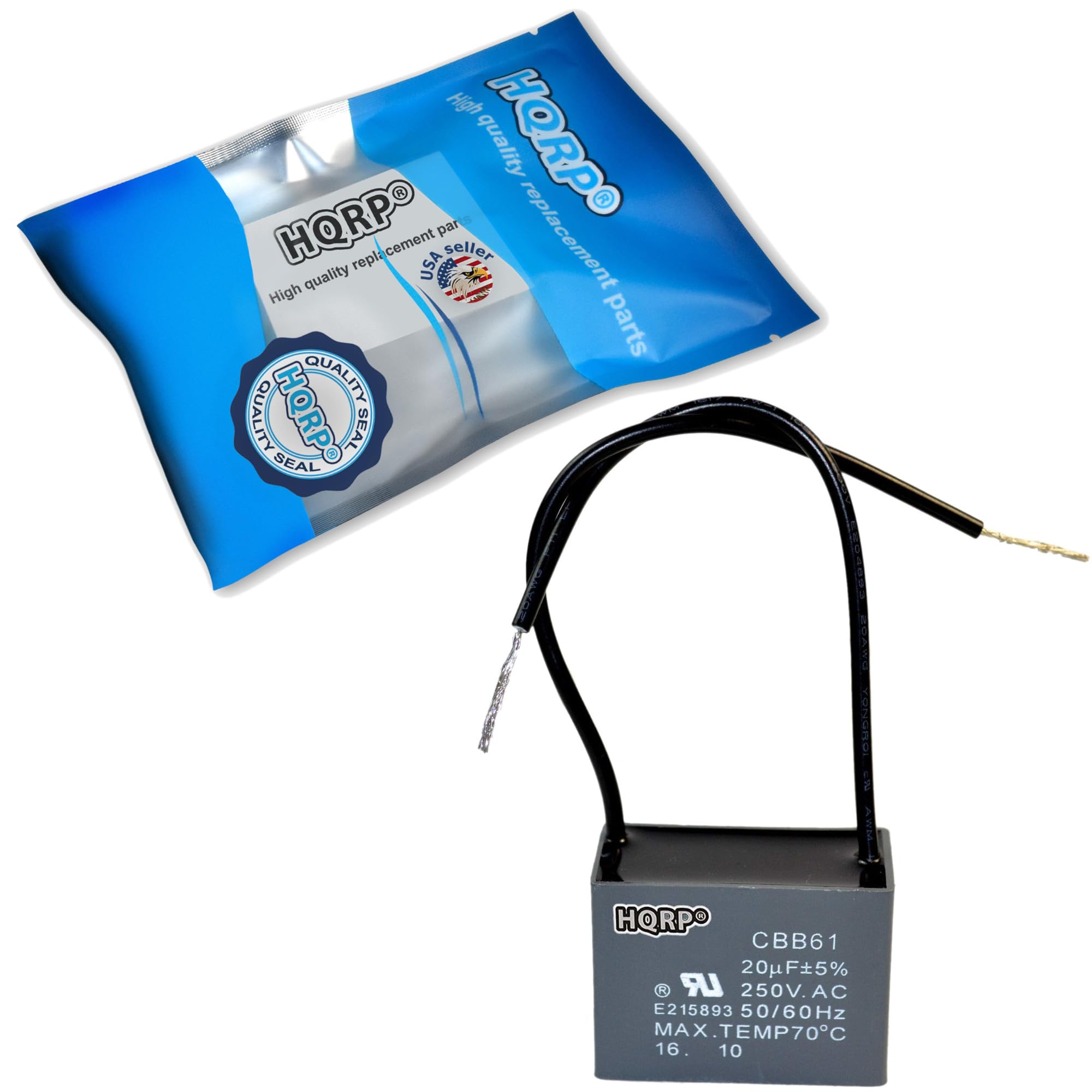 High quality replacement parts  
HQRP  
High quality replacement parts  
USA seller  
HQRP SEAL  
CBB61  
20µF±5%  
250V AC  
E215893  
50/60Hz  
MAX TEMP 70°C  
16.10