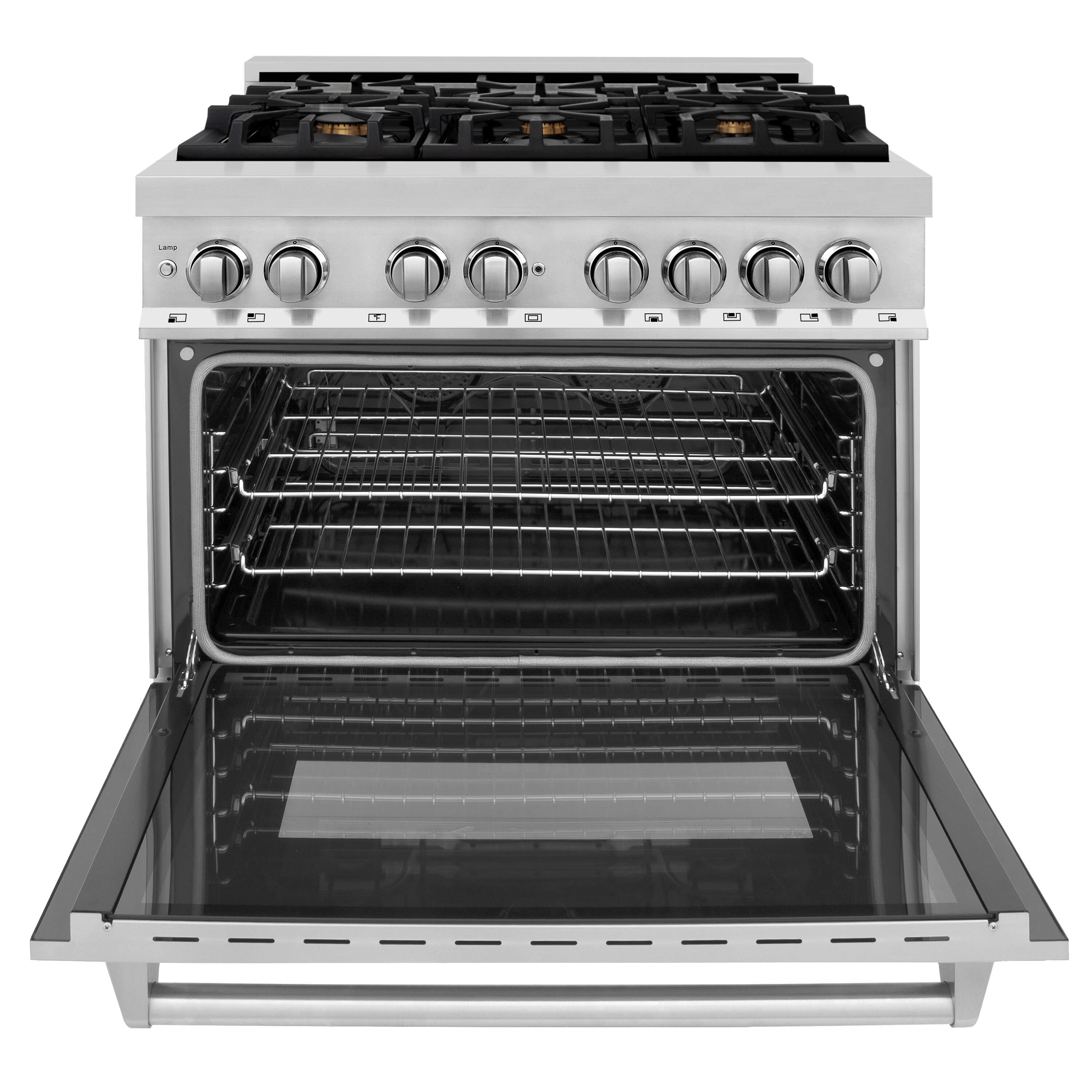 Left. ZLINE - 36" Legacy Dual Fuel Range w/ Gas Cooktop & Electric Oven w/ 6 Brass Burners (RA-BR-36) - Stainless Steel/Brass Burners.