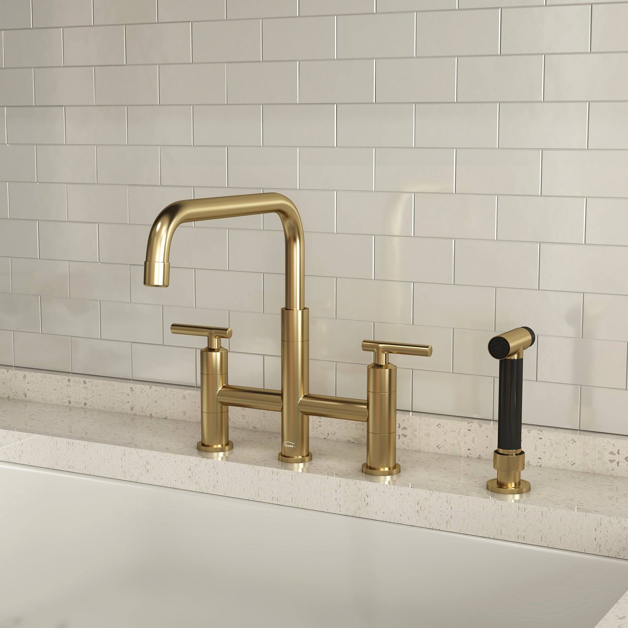 Back. Boyel Living - Double Handle 360 Degrees Rotation Bridge Kitchen Faucet with Pull-Out Side Sprayer, Ceramic Cartridge - Brushed Gold.