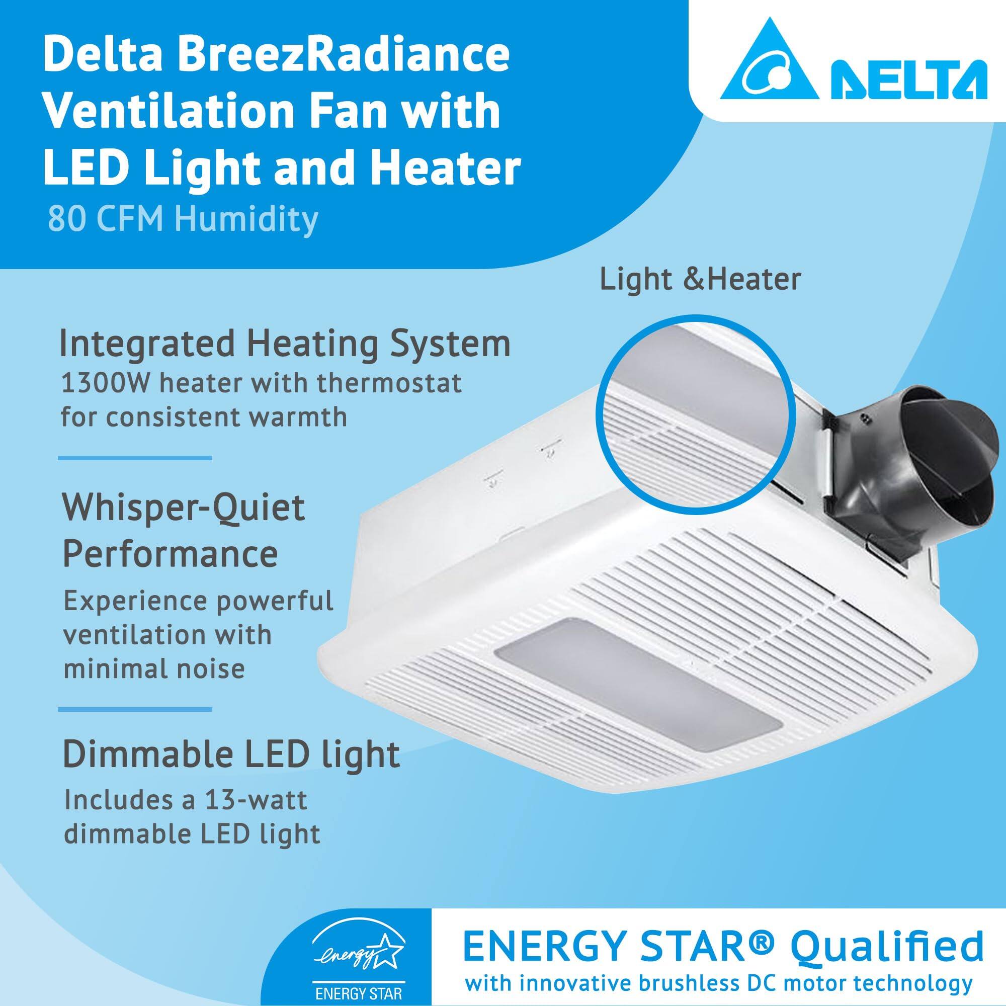 Delta BreezRadiance Ventilation Fan with LED Light and Heater  
80 CFM Humidity  

Integrated Heating System  
1300W heater with thermostat for consistent warmth  

Whisper-Quiet Performance  
Experience powerful ventilation with minimal noise  

Dimmable LED light  
Includes a 13-watt dimmable LED light  

ENERGY STAR® Qualified  
with innovative brushless DC motor technology
