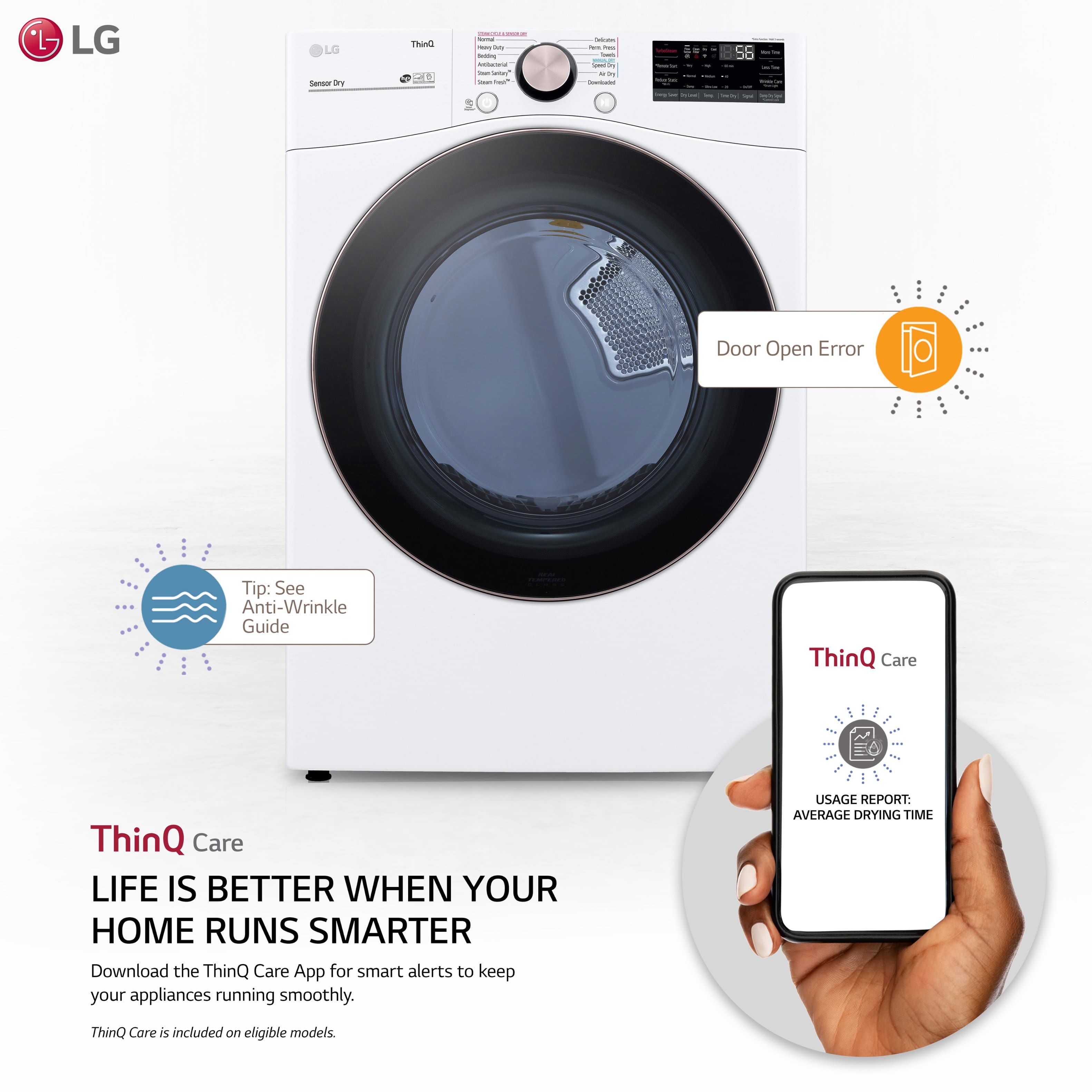 The image features a white LG dryer with a smartphone placed next to it. The dryer has a large door and a control panel with a digital display. The phone is being used to download the ThinQ Care app, which provides smart alerts to keep the appliances running smoothly. The app also offers an average drying time usage report, making it a convenient and efficient tool for managing household appliances.