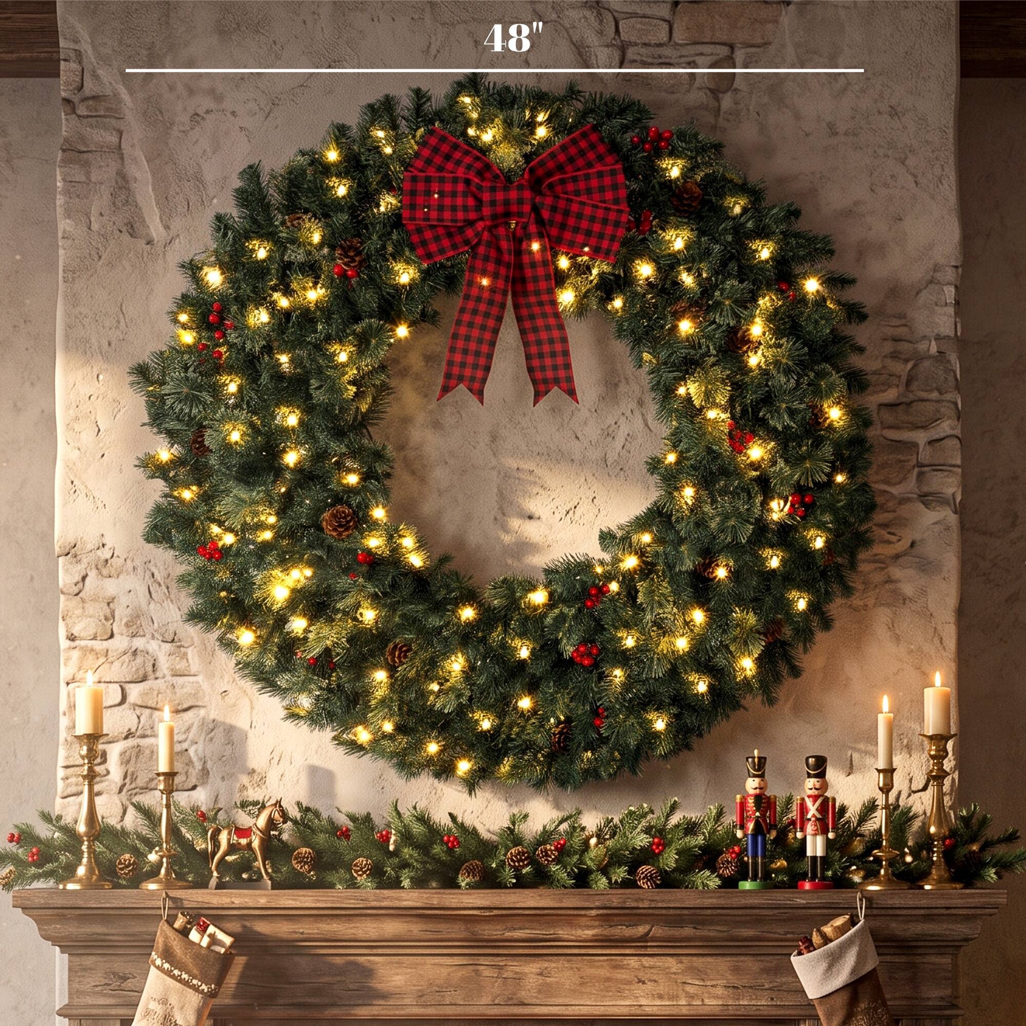 Alt View 2. Homcom - Prelit Crestwood Spruce Artificial Christmas Wreath, Christmas Decor with Bow, 8 Modes - Green.