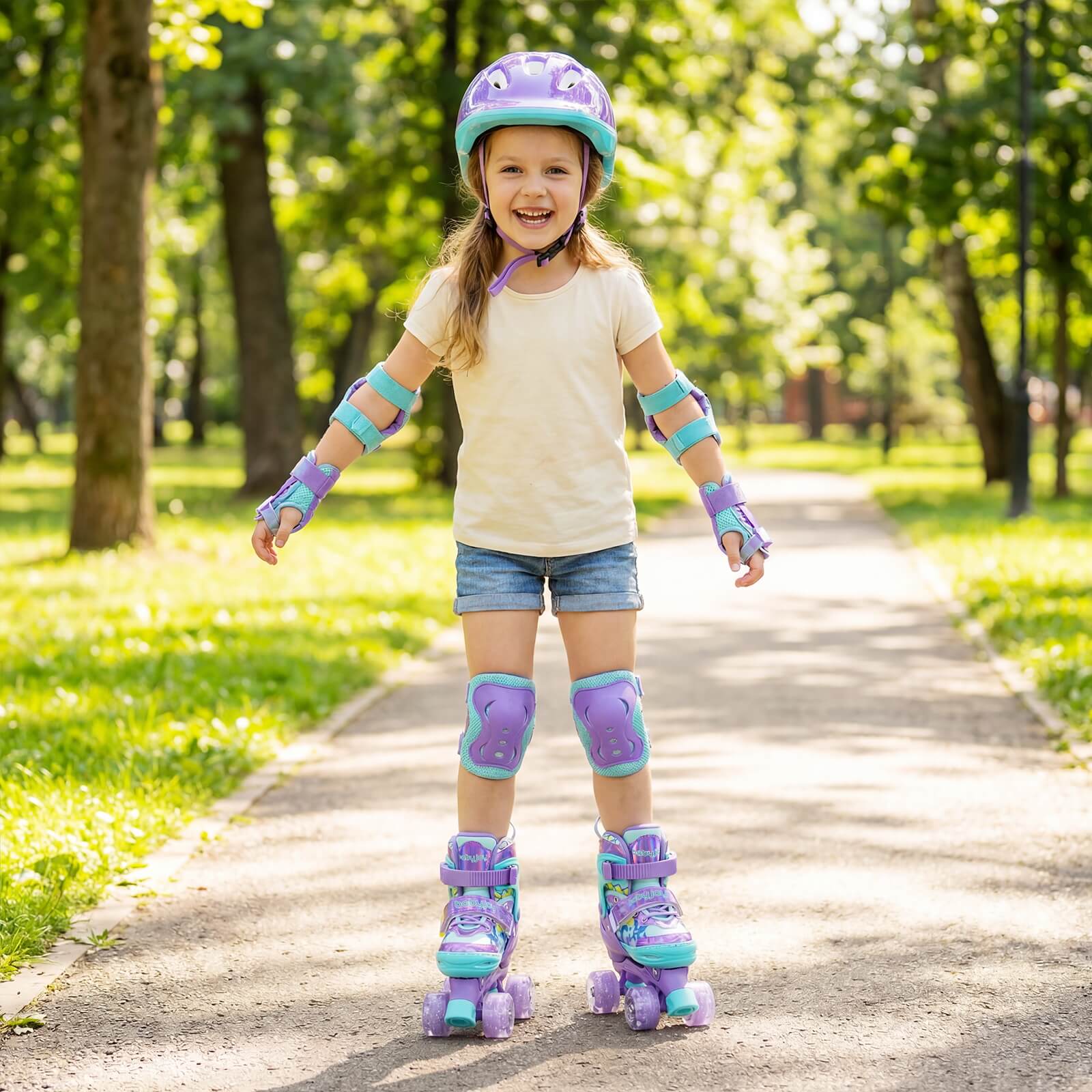 Alt View 3. Costway - Costway 4 Sizes Adjustable Quad Skates with Light-up Wheels&Safety Protection for Beginners 10C-13C - Purple.