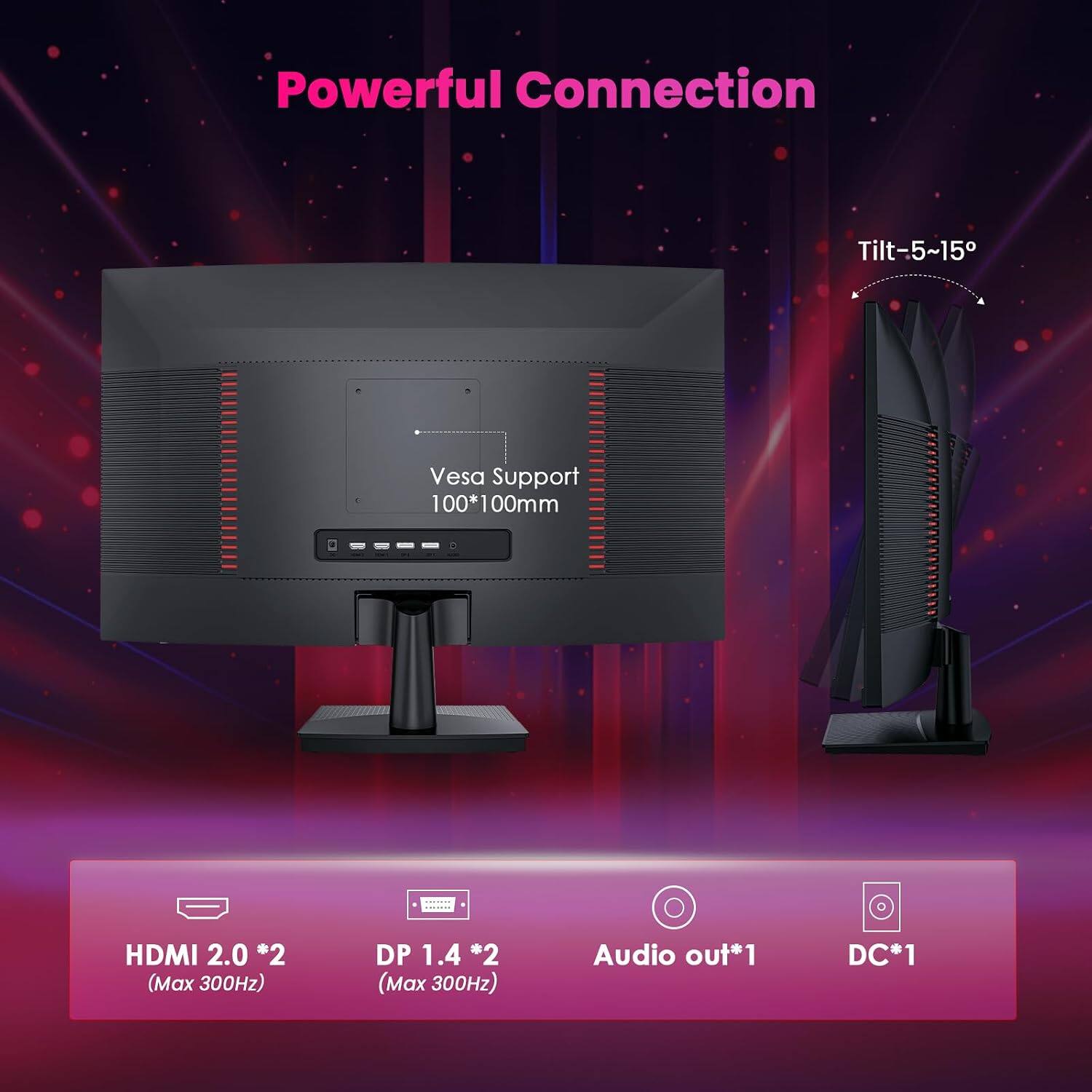 Powerful Connection  
Tilt: -5~15°  
Vesa Support 100*100mm  
HDMI 2.0 *2 (Max 300Hz)  
DP 1.4 *2 (Max 300Hz)  
Audio out*1  
DC*1