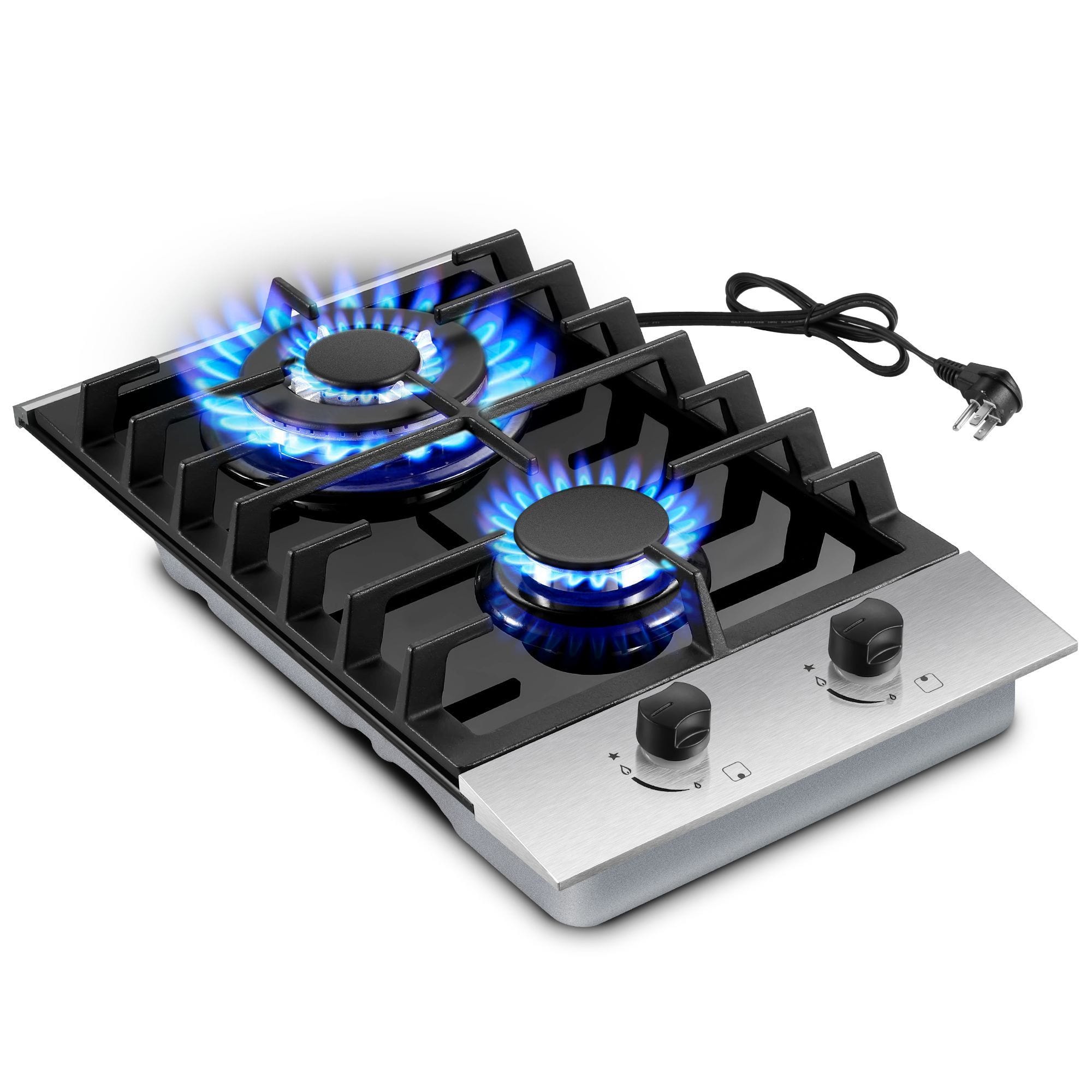 COWLOWN - 12in Built-in Propane Cooktop 2 Burners Stainless Steel Tempered Glass for RV & Kitchen with Safety Protection - Silver