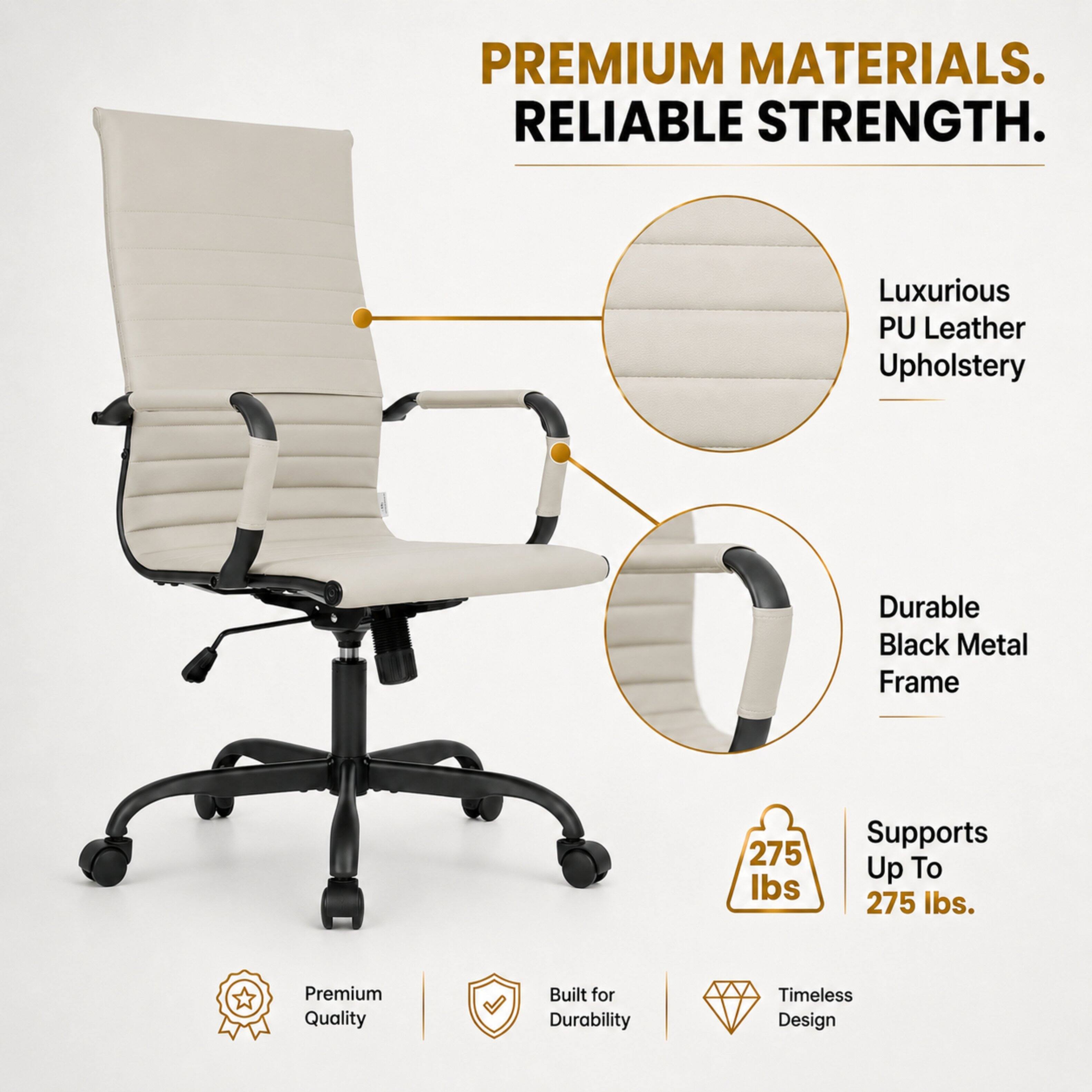 PREMIUM MATERIALS. RELIABLE STRENGTH.

Luxurious PU Leather Upholstery

Durable Black Metal Frame

Supports Up To 275 lbs.

Premium Quality

Built for Durability

Timeless Design