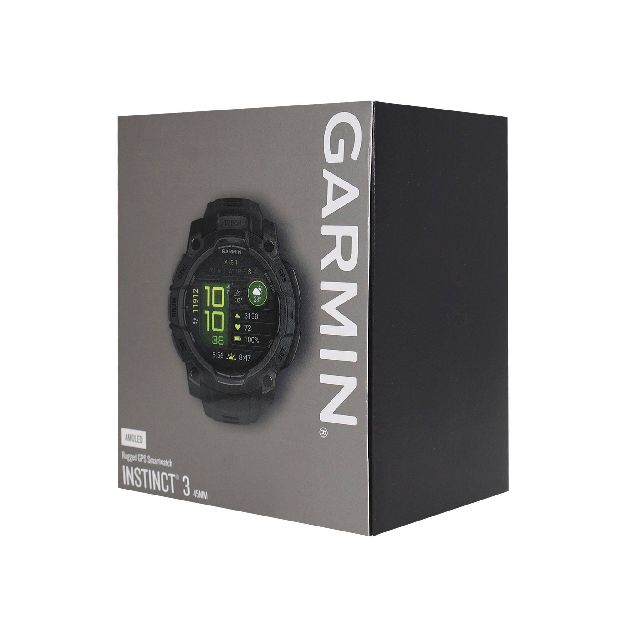 TORCH GMMIN AUG 1: CTAL 5 5 wenlistur OPS 2 11912 10 32 T MENU 3130 TE 12 10 72 38 100% ABC 5:56 x 8:47 SET AMOLED E Ruged OPS Smartwatch INSTINCT 3 45MM GARMIN