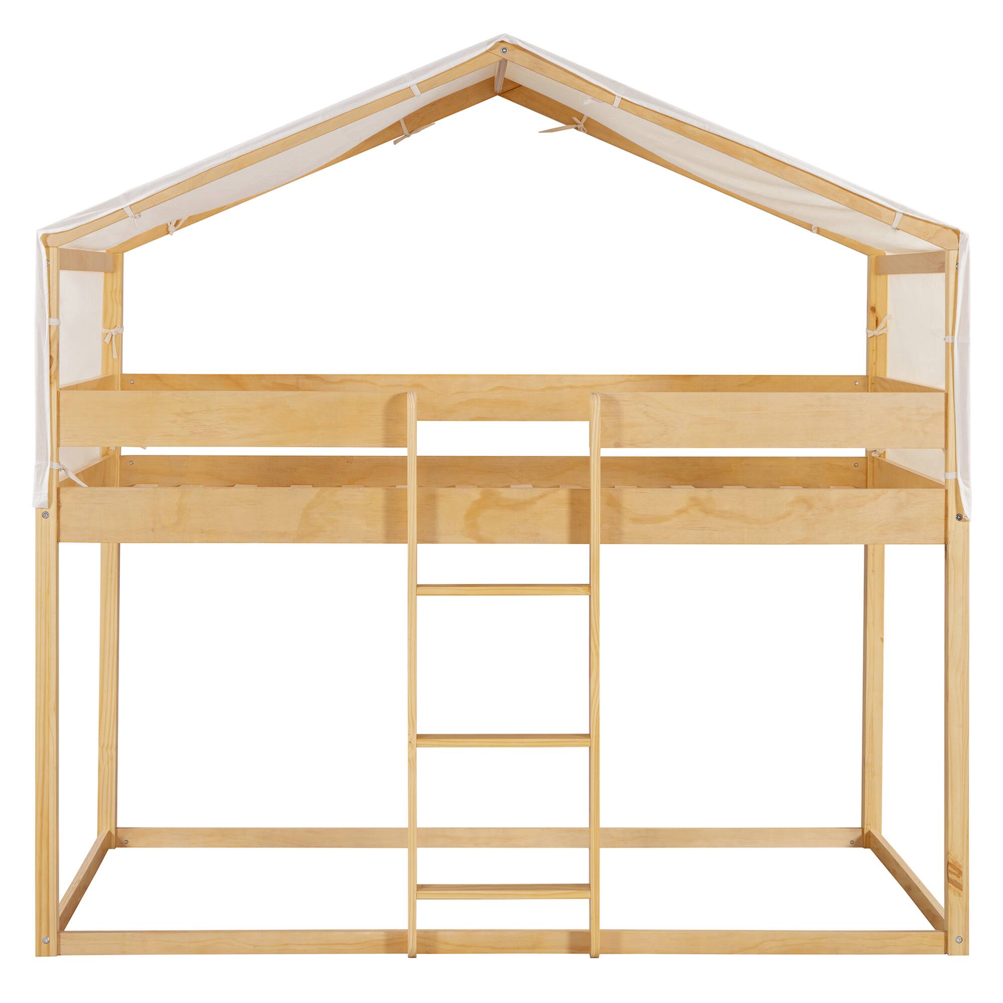 Left. GOODSILO - Space-Saving Twin Over Twin Wooden Bunk Bed with Playful Tent Design for Kids - Natural.