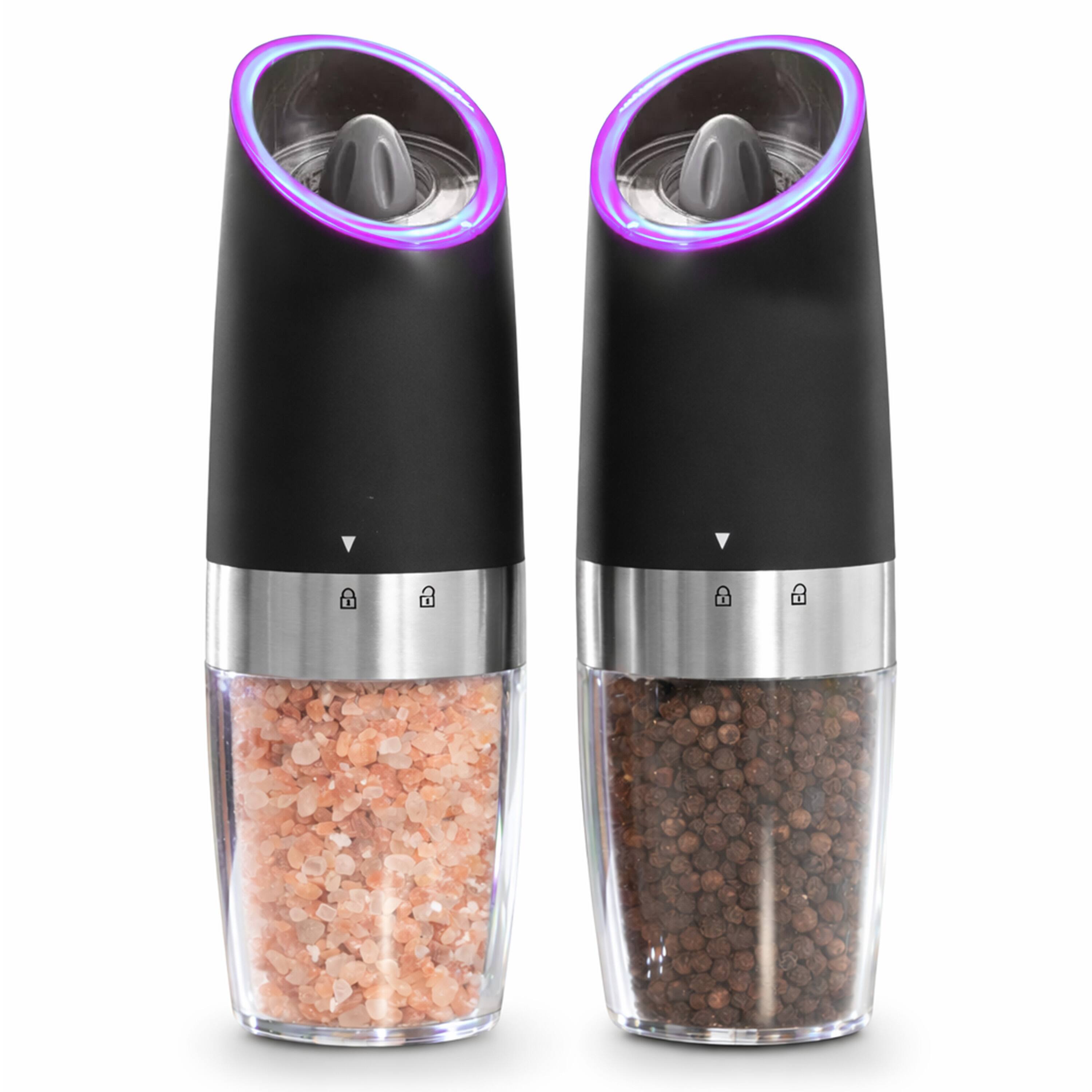 Alt View 4. Luminuxe - Gravity Electric Pepper & Salt Grinder Set – One-Hand Auto, Adjustable Coarseness, LED Battery Powered Ceramic Mechanism - Black.