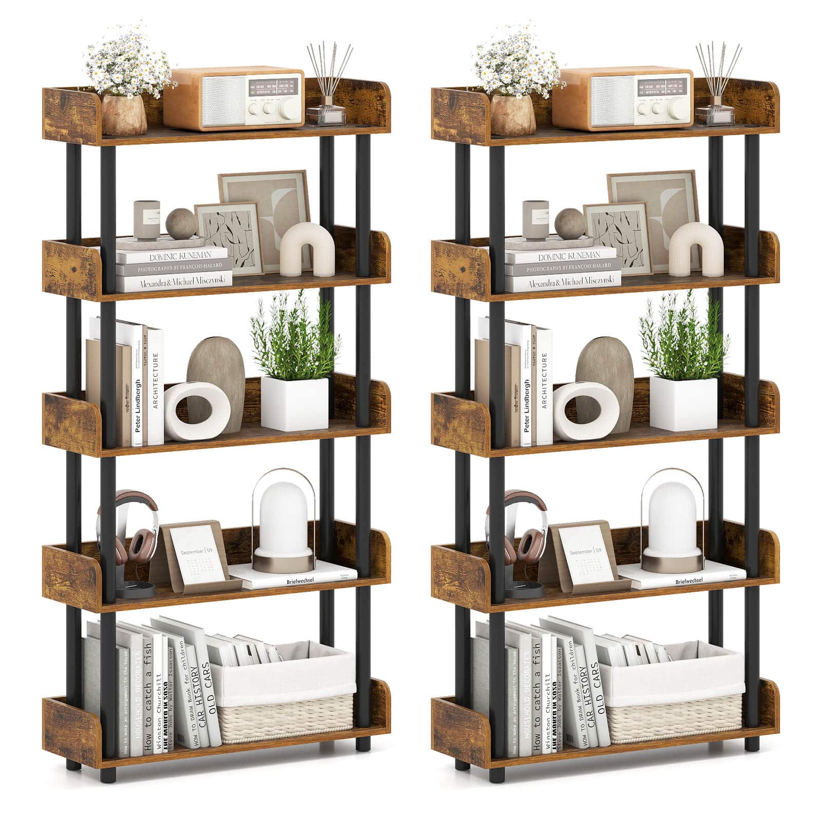 Costway - 2 PCS 5-Tier Bookshelf Open Bookcase with Anti-Tipping Kit Storage Unit for Bedroom - Rustic Brown,Black