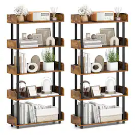 Costway - 2 PCS 5-Tier Bookshelf Open Bookcase with Anti-Tipping Kit Storage Unit for Bedroom - Rustic Brown,Black
