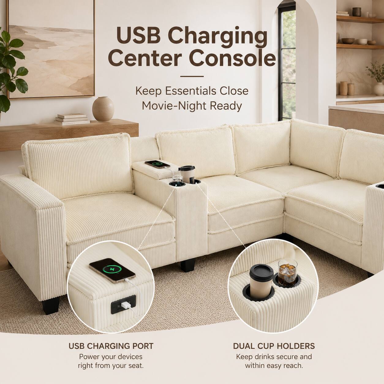 USB Charging Center Console  
Keep Essentials Close Movie-Night Ready  

USB CHARGING PORT  
Power your devices right from your seat.  

DUAL CUP HOLDERS  
Keep drinks secure and within easy reach.