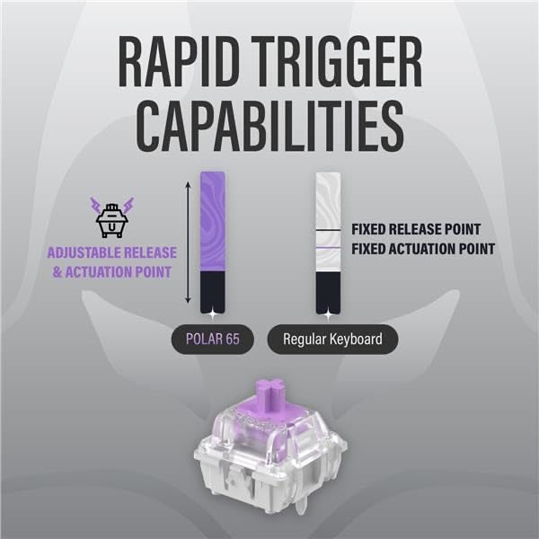 RAPID TRIGGER CAPABILITIES

ADJUSTABLE RELEASE & ACTUATION POINT

POLAR 65

Regular Keyboard

FIXED RELEASE POINT
FIXED ACTUATION POINT