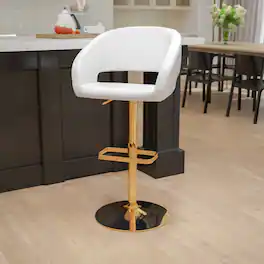 Emma + Oliver - Shae Contemporary Upholstered Adjustable Height Barstool with Rounded, Cutout Mid-Back and Pedestal Base - White/Gold Frame