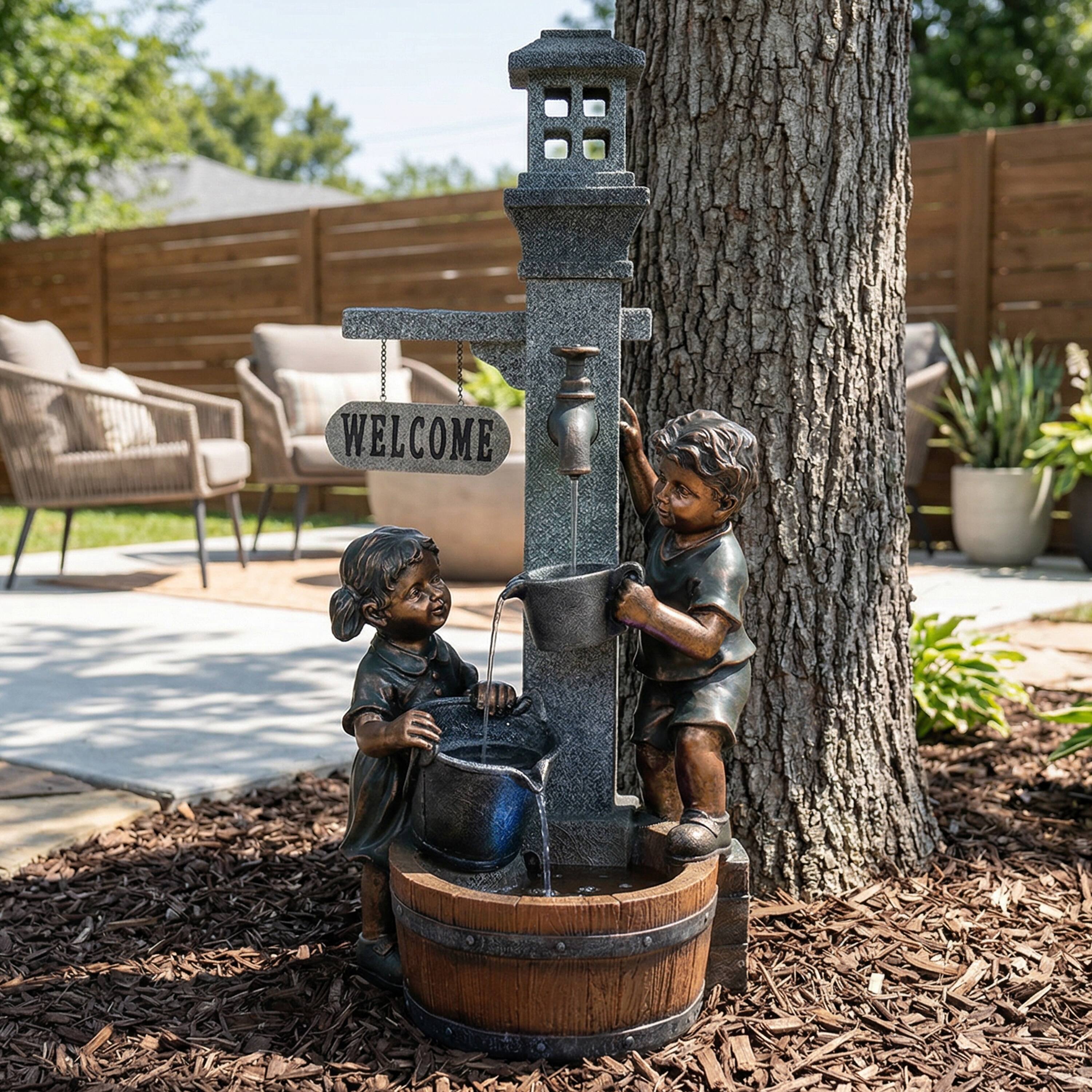 Alt View 8. Sunnydaze - Children Playing at Faucet Water Fountain with LED Lights - 40 in - Grey.
