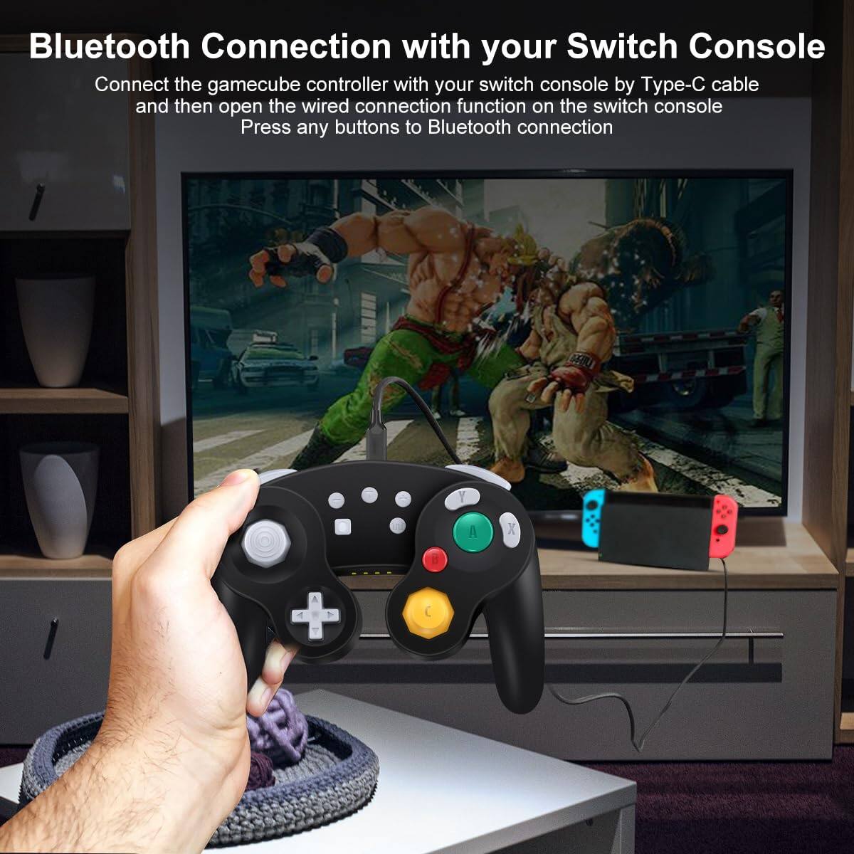 Bluetooth Connection with your Switch Console

Connect the gamecube controller with your switch console by Type-C cable and then open the wired connection function on the switch console. Press any buttons to Bluetooth connection.