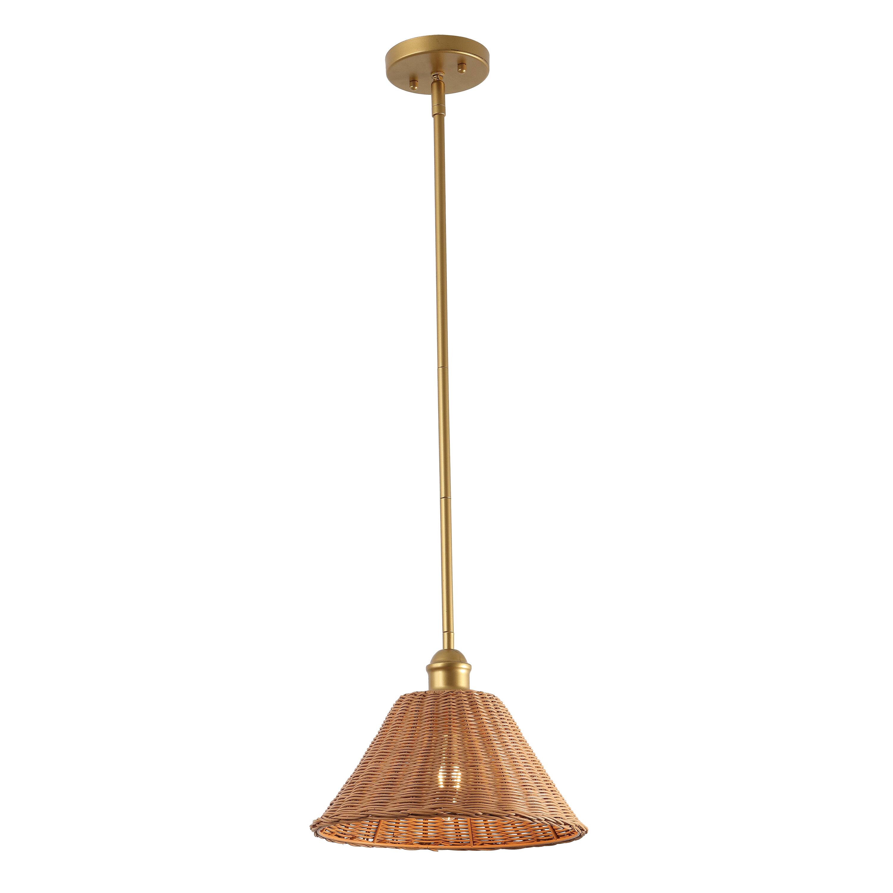 Front. Jonathan Y - Hattie 12.0" 1-Light Woven Rattan Pendant Light, Gold Painting with Brown Empire Shade for Kitchen or Dining Room - Brown.
