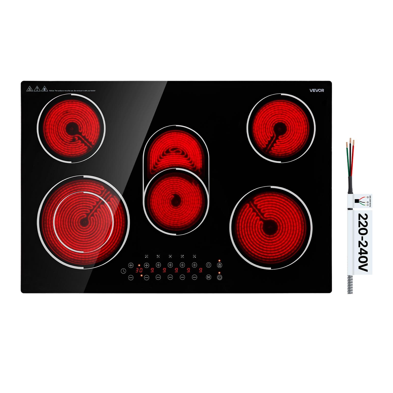 VEVOR - Electric Cooktop 30inch 5 Burners Stove Top 8900W 220V No Plug, Ceramic Built-in Radiant Electric Stove - Black