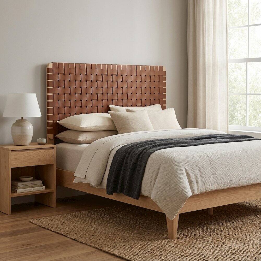 Left. FurniFact - Vegan Leather Twin Headboard with Woven Texture and Sturdy Frame - Brown.