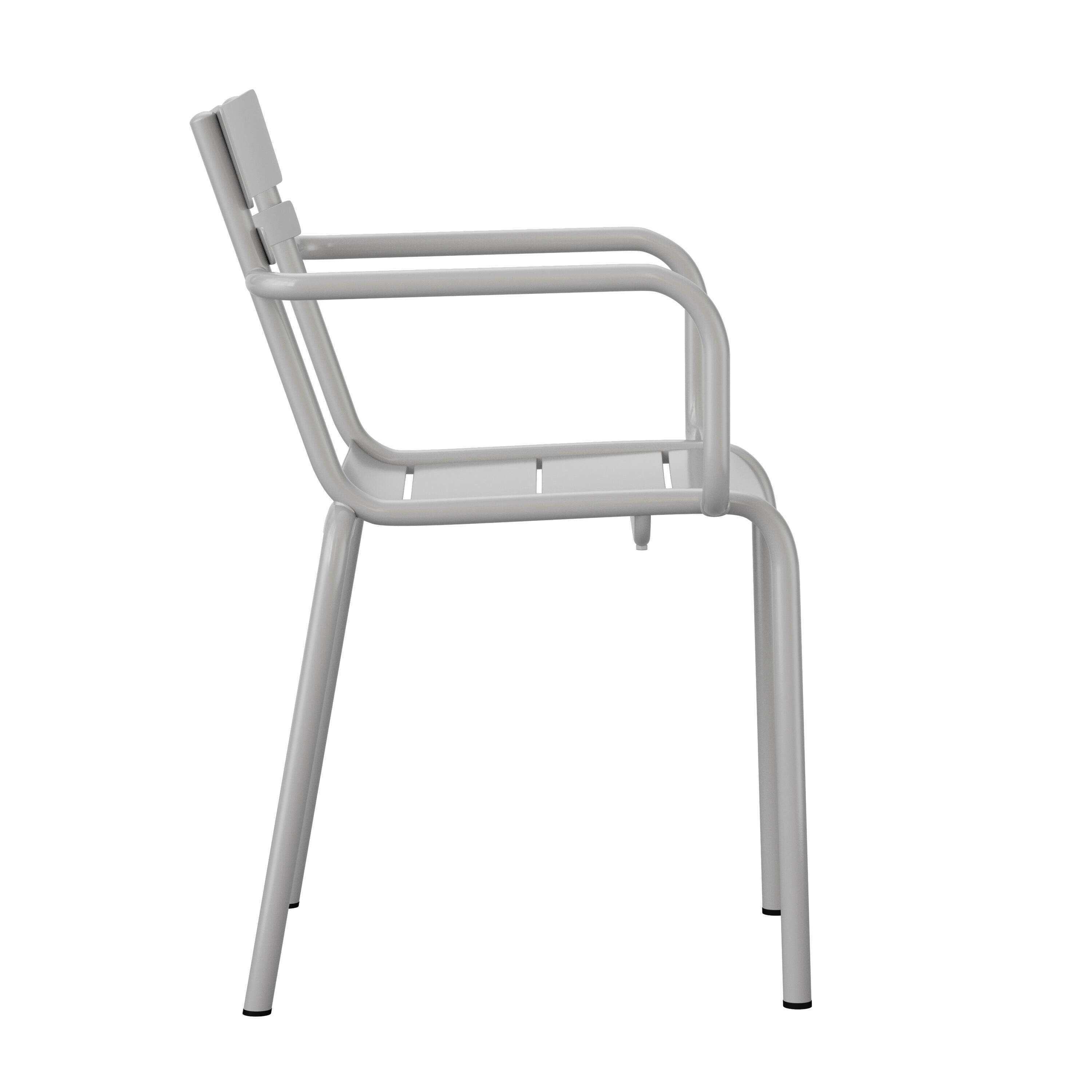 Alt View 9. Emma + Oliver - Rennes Powder Coated Steel Stacking Dining Chair with Arms and 2 Slat Back for Indoor-Outdoor Use - Silver.
