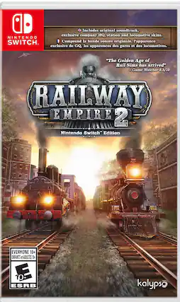 Includes original soundtrack, exclusive company HQ, station and locomotive skins. NINTENDO SWITCH Comprend la bande sonore originale, l'apparence exclusive de GQ, les apparences des gares et des locomotives. "The Golden Age of Rail Sims has arrived" -Game Watcher 8.5/10 RAILWAY EMPIRE 2 Nintendo Switch Edition 308 EVERYONE 10+ ENFANTS et ADULTES 10+ E 10+ + ESRB kalypso - E10+ (Everyone 10+)
