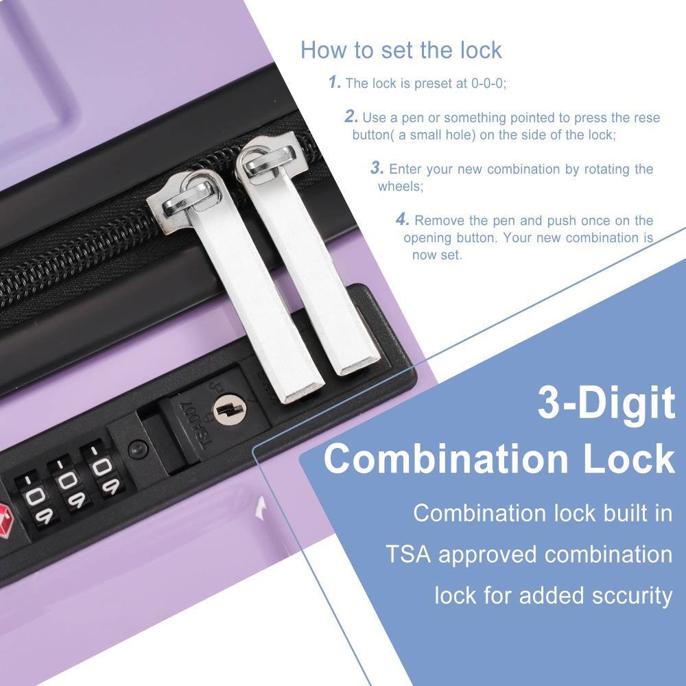 How to set the lock

1. The lock is preset at 0-0-0;
2. Use a pen or something pointed to press the reset button (a small hole) on the side of the lock;
3. Enter your new combination by rotating the wheels;
4. Remove the pen and push once on the opening button. Your new combination is now set.

3-Digit Combination Lock

Combination lock built in TSA approved combination lock for added security