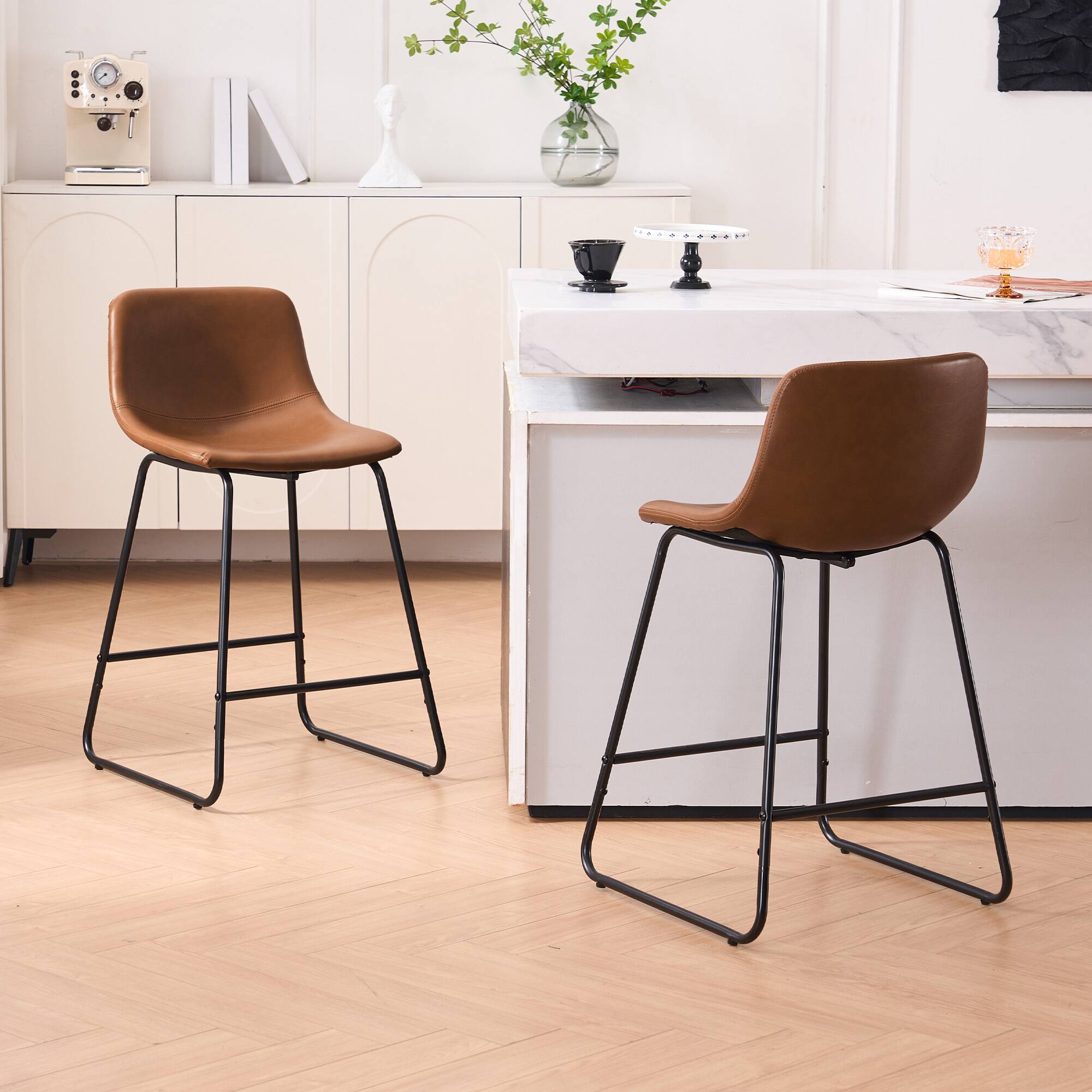 FERPIT - Bar Stools Set of 2 Faux Leather Counter Height Bar Stools with Back, 30" - Dark Brown