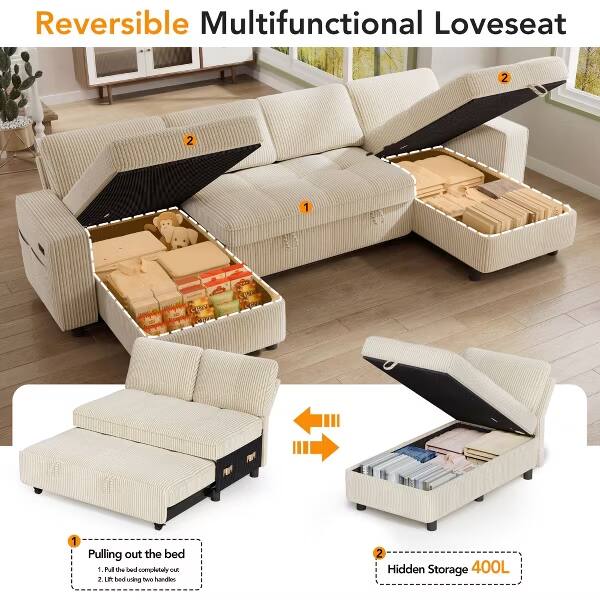 Reversible Multifunctional Loveseat

1. Pulling out the bed
   - 1. Pull the bed completely out
   - 2. Lift the bed using the handle

2. Hidden Storage 400L