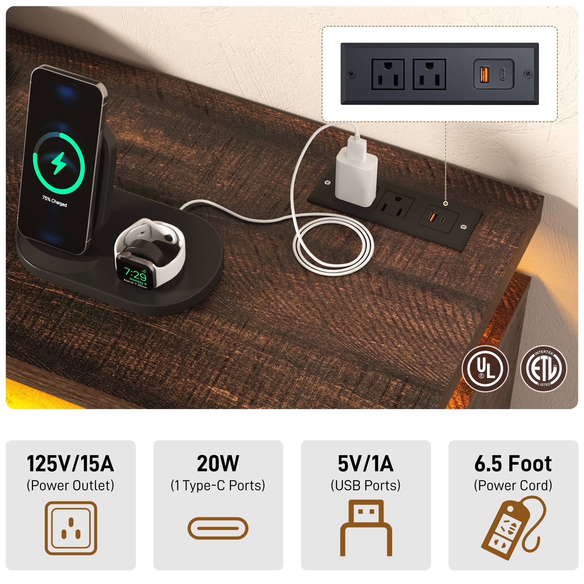 75% Charged  
& 7:29 made-Emain -  
UL  
INTERTER ETD LISTED  
125V/15A (Power Outlet)  
20W (1 Type-C Ports)  
5V/1A (USB Ports)  
6.5 Foot (Power Cord)