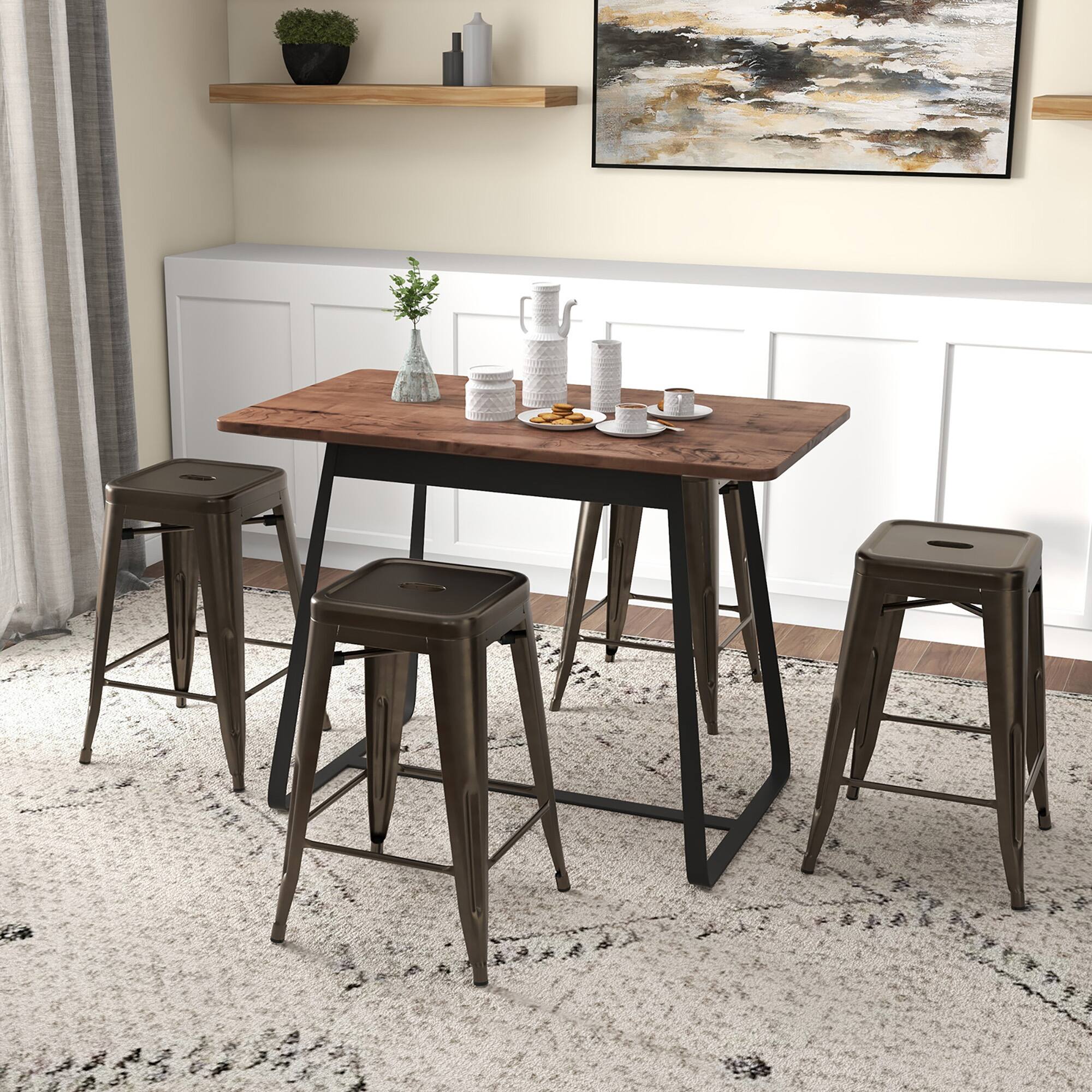 Alt View 8. Gymax - Gymax 24'' Metal Bar Stools Set of 4 w/ Square Seat Patio Bar Stools Home Kitchen Gun - Gun.