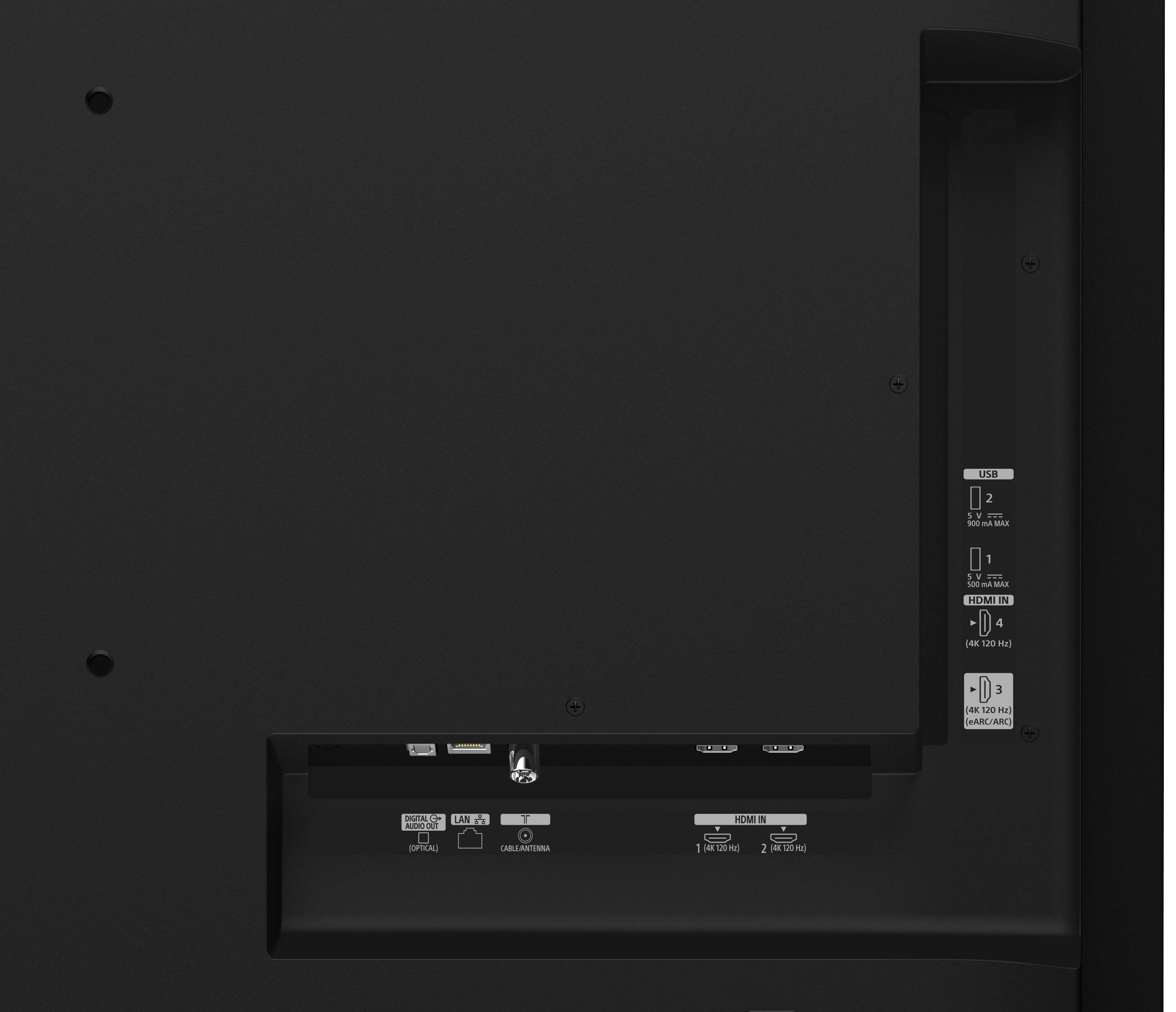 - USB 2 = 5V 500 MA MAX
- USB 1 = 5V 500 MA MAX
- HDMI IN D 4 (4K 120 Hz)
- HDMI IN D 3 (4K 120 Hz) (eARC/ARC)
- HIGH ALL HOME LAN AUDIO-OUT TO HDMI IN (OPTICAL)
- CABLE/ANTENNA 1 (4K 120 Hz)
- CABLE/ANTENNA 2 (4K 120 Hz)