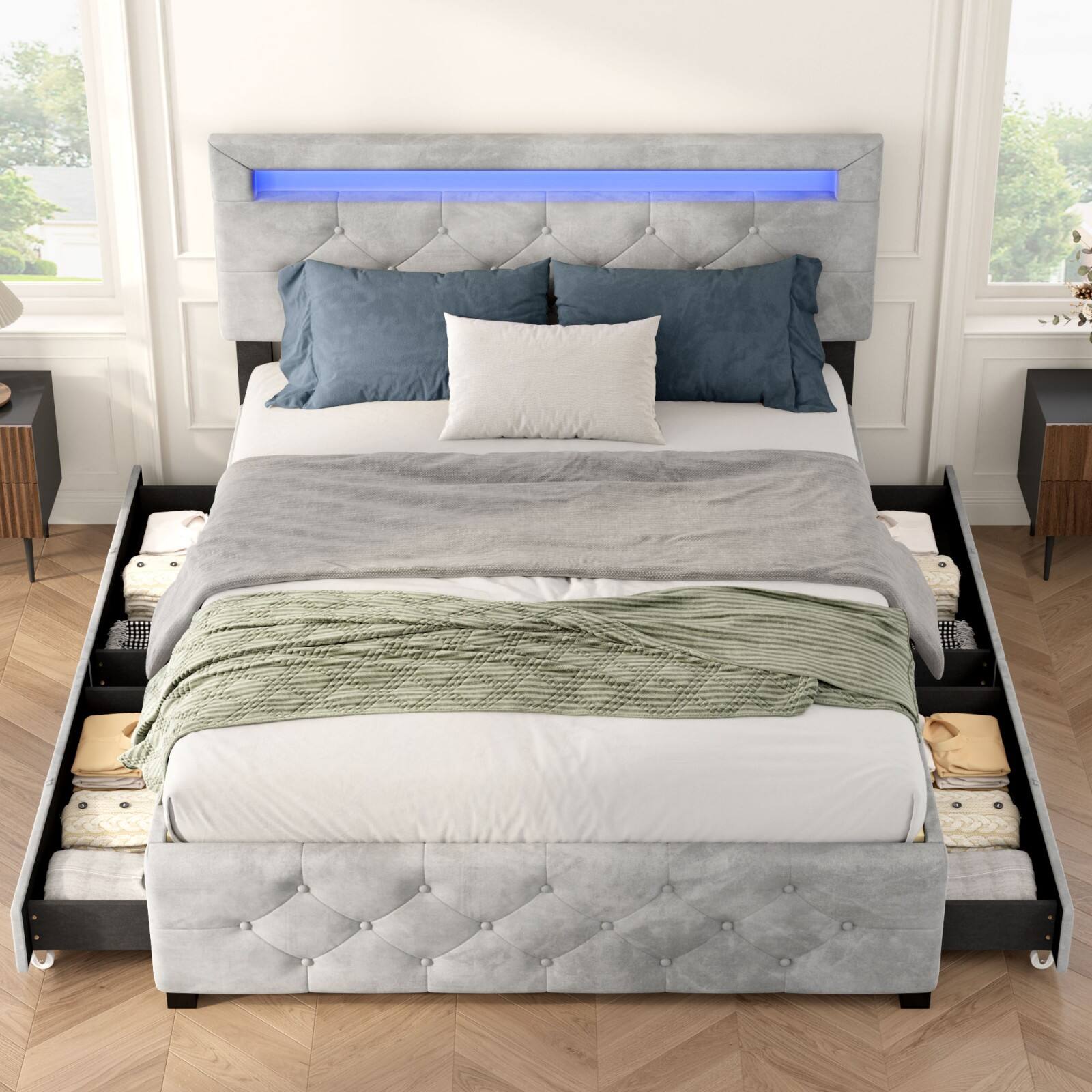 Alt View 1. Ecooso - Queen Size Upholstered Platform Storage Bed Frame with 4 Drawers and LED Light,No Box Spring Needed - Grey.