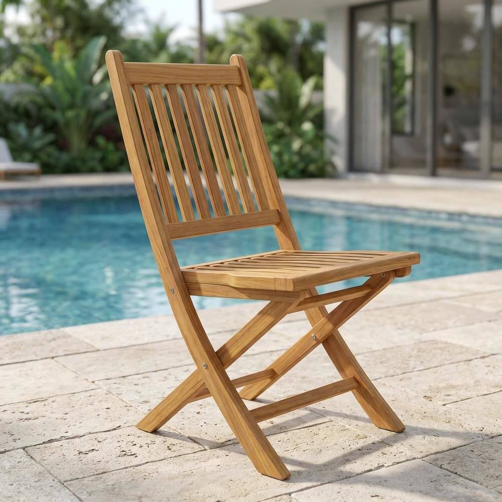 Left. Outdoor Escape - Weather-Resistant Teak Outdoor Folding Chair With Comfortable Backrest - Brown.