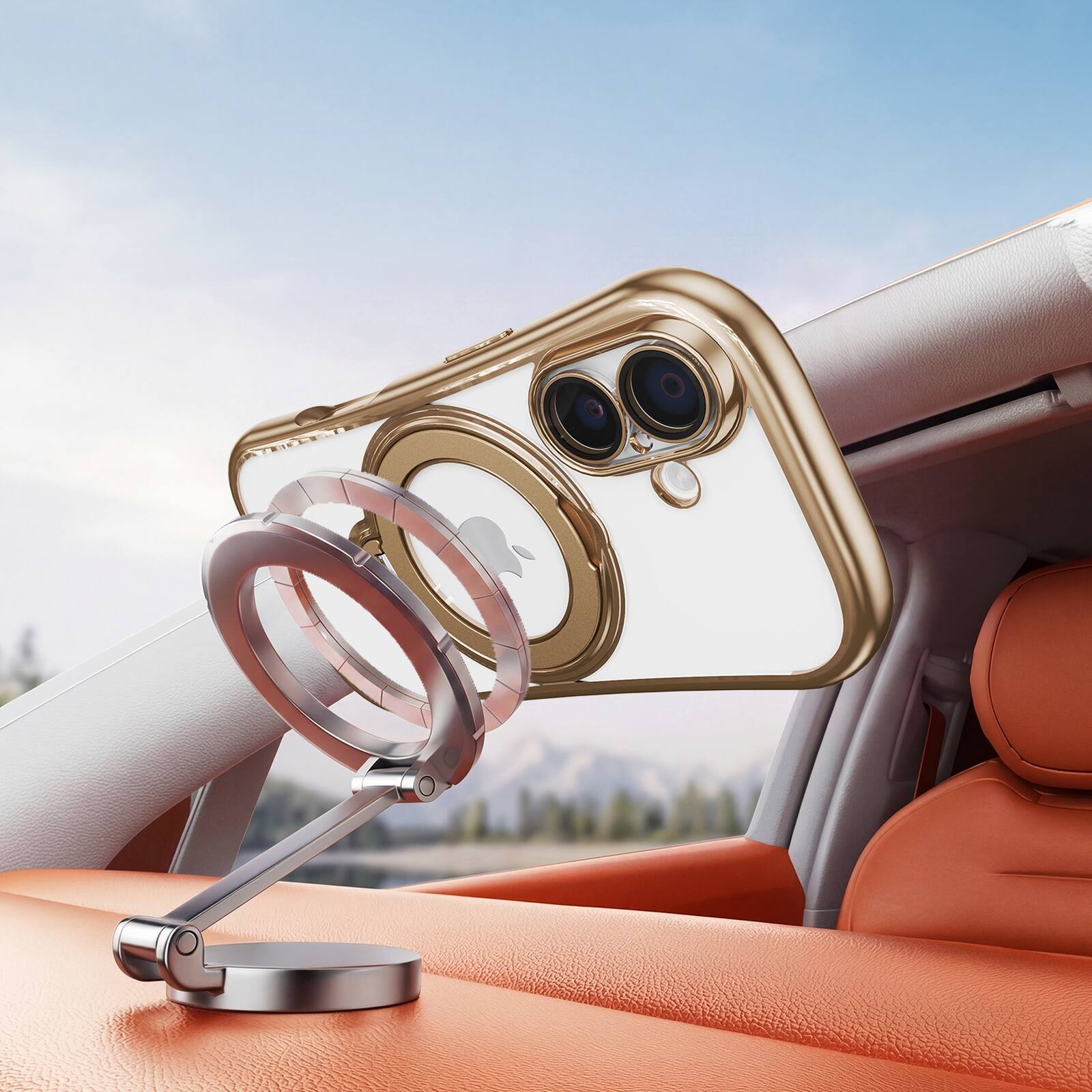Alt View 2. Dteck - Magnetic Case for Apple iPhone 17 with 360 Ring Stand and Strap, Shockproof TPU Protective Cover Built-in Lens Protector - Gold.