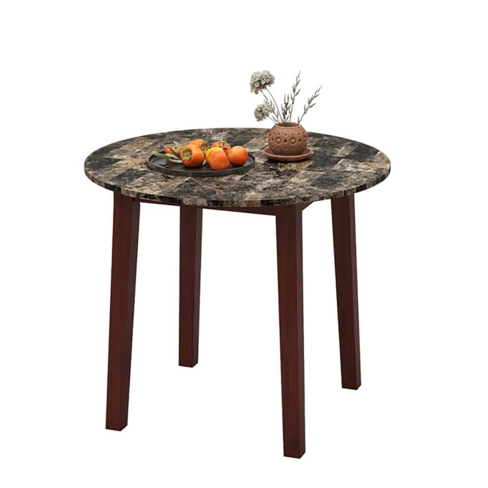 Resenkos - End Table,Dining Table, Living Room Table,35 In Round Dining Table with Rubber Wood Legs and Marble-textured Veneer - Brown