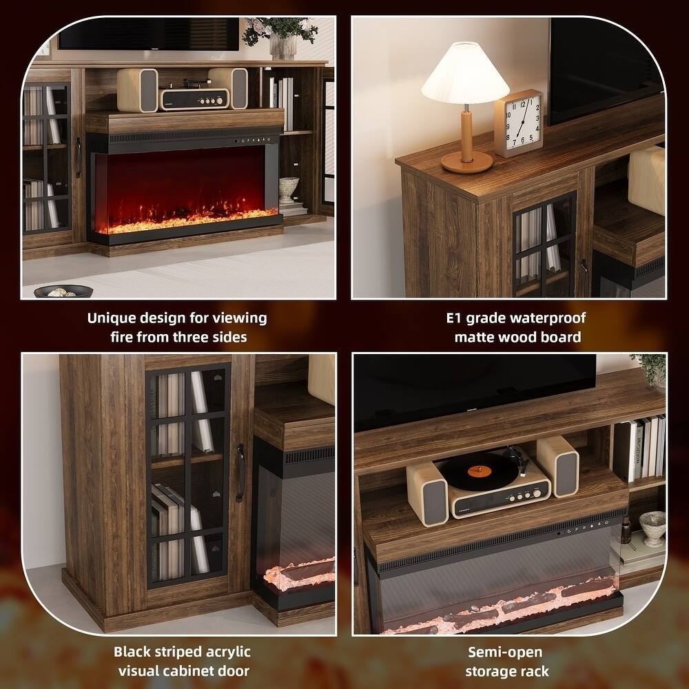 - Unique design for viewing fire from three sides
- E1 grade waterproof matte wood board
- Black striped acrylic visual cabinet door
- Semi-open storage rack