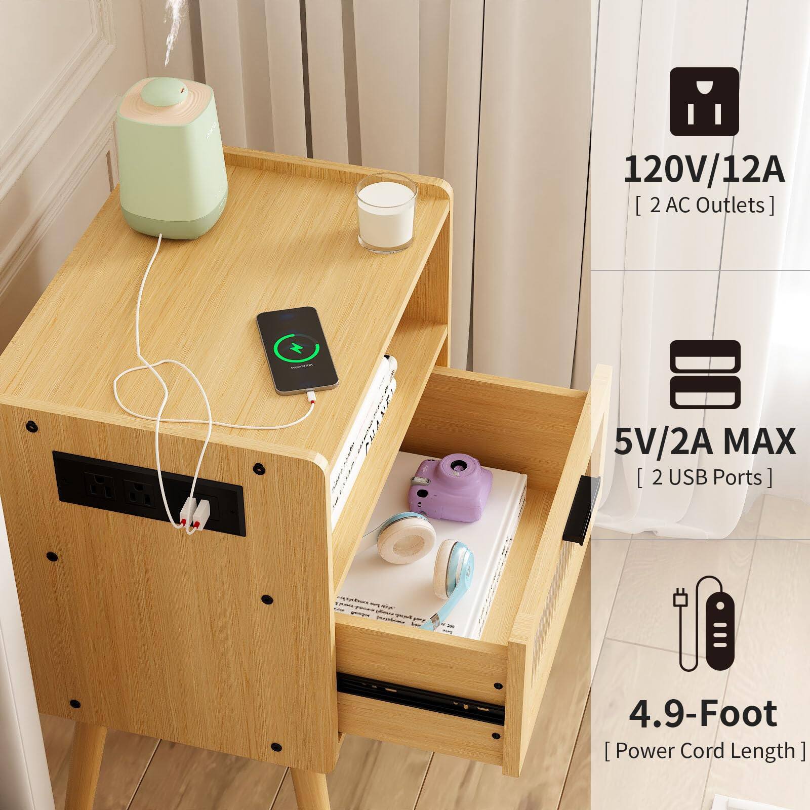 120V/12A  
[2 AC Outlets]  

5V/2A MAX  
[2 USB Ports]  

4.9-Foot  
[Power Cord Length]
