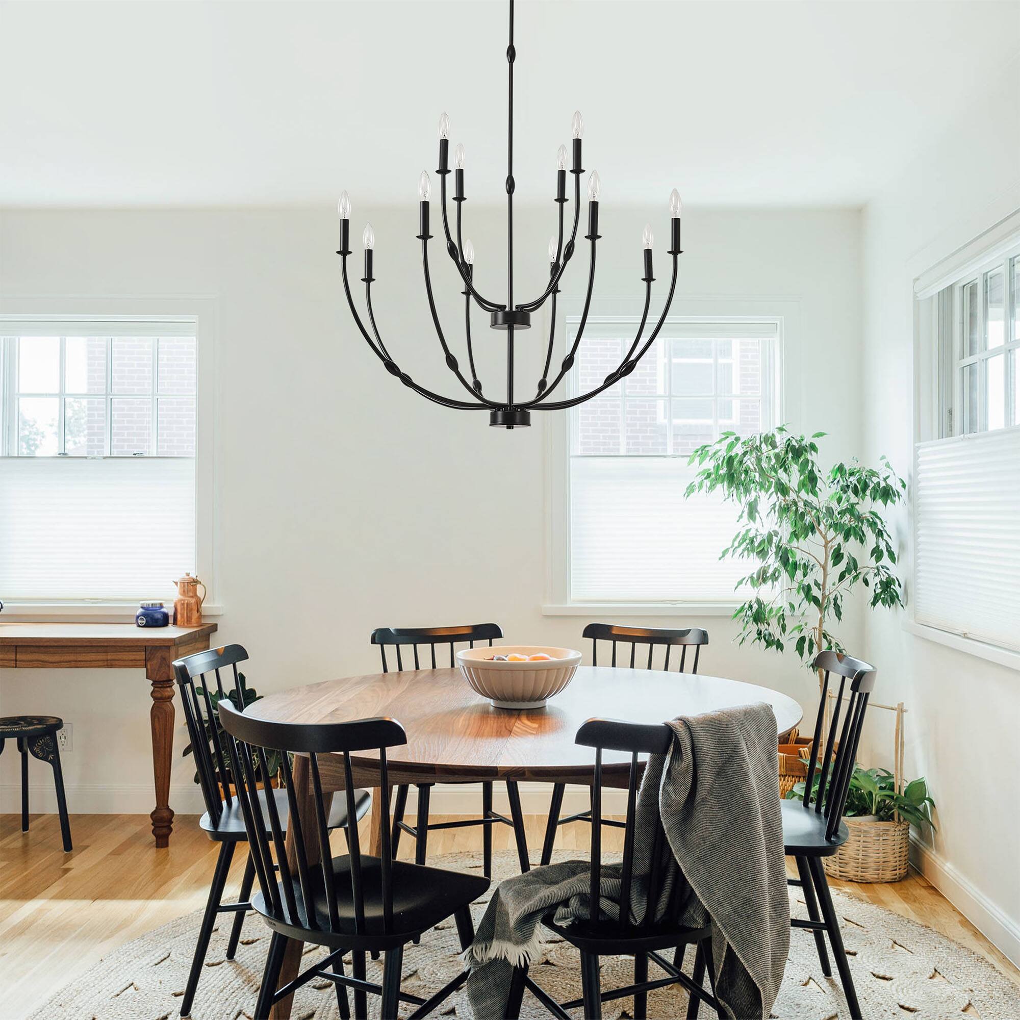 Left. RYHNUYNE - 12-Light Black Chandelier,2-Tier Rustic Candle Chandelier Light Fixture,High Ceiling Chandelier for Entryway Living Room - Black.