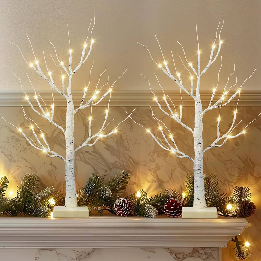 Front. RTMB - 2-Pack 2FT White Lighted Birch Trees, Tabletop Christmas Decor - White.