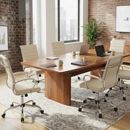 LeisureMod - Set of 6 Benmar Ergonomic Leather Upholstered Office Chair with Cushioned Armrests and Swivel Task Chair - Tan