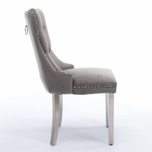 Angle. LUCKY ONE - Assembled Tufted Velvet Dining Chair Set of 2 with Chrome Stainless Steel Legs Nailhead Trim - Gray.
