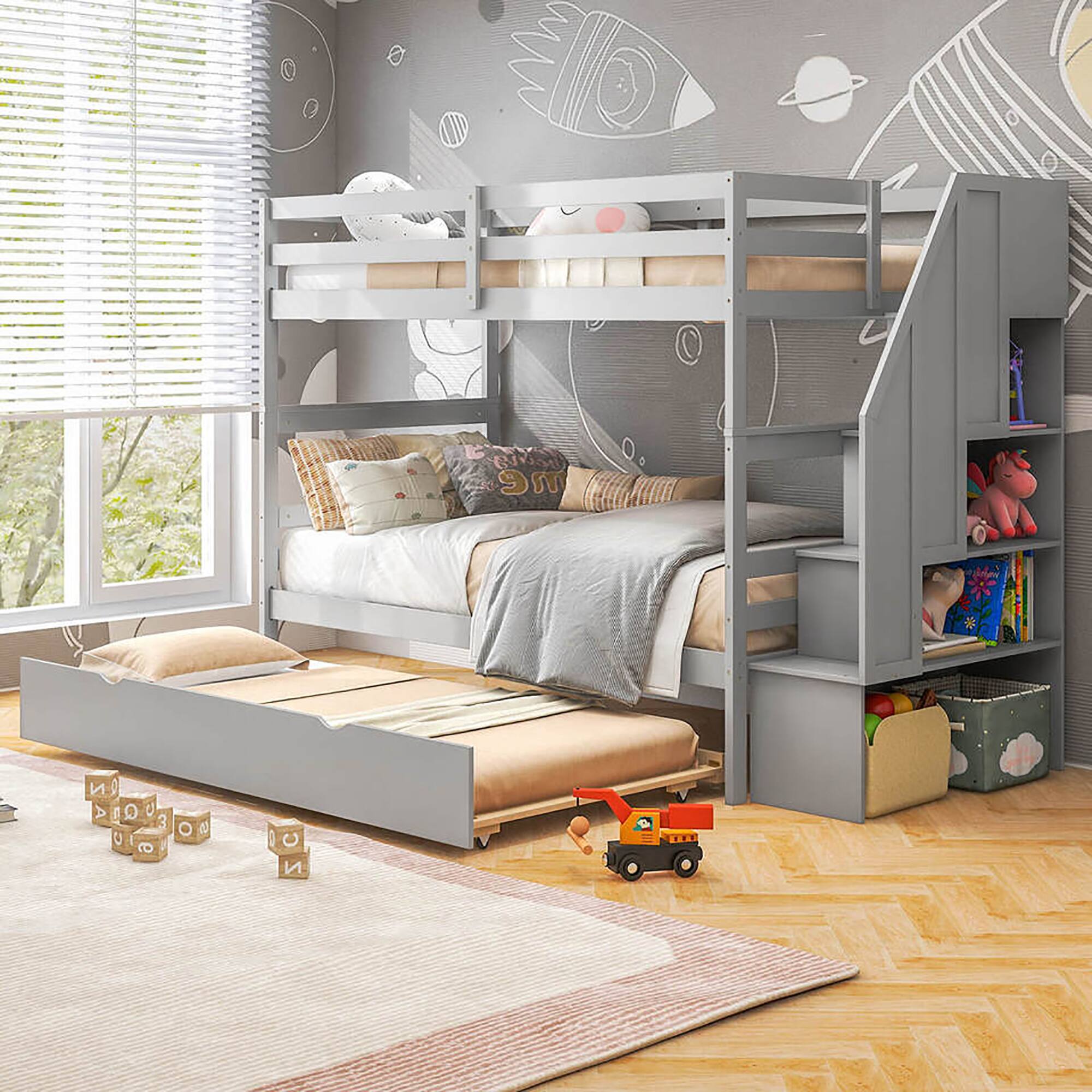 Alt View 1. Gymax - Gymax Twin over Twin Wooden Bunk Bed w/ Trundle Storage Stairs Convertible Gray - Gray.