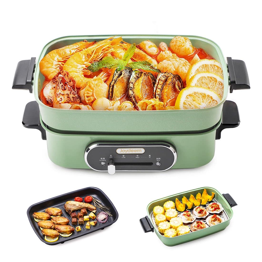 JOYDEEM - 3-in-1 Electric Hot Pot, Multi-use Shabu Shabu Pot with Grill Pan & Steamer, Non-stick Ceramic Oil Coating, UL L - Green