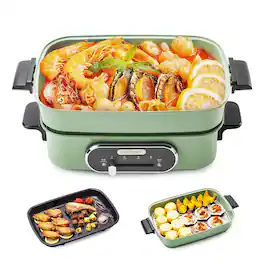 JOYDEEM - 3-in-1 Electric Hot Pot, Multi-use Shabu Shabu Pot with Grill Pan & Steamer, Non-stick Ceramic Oil Coating, UL L - Green