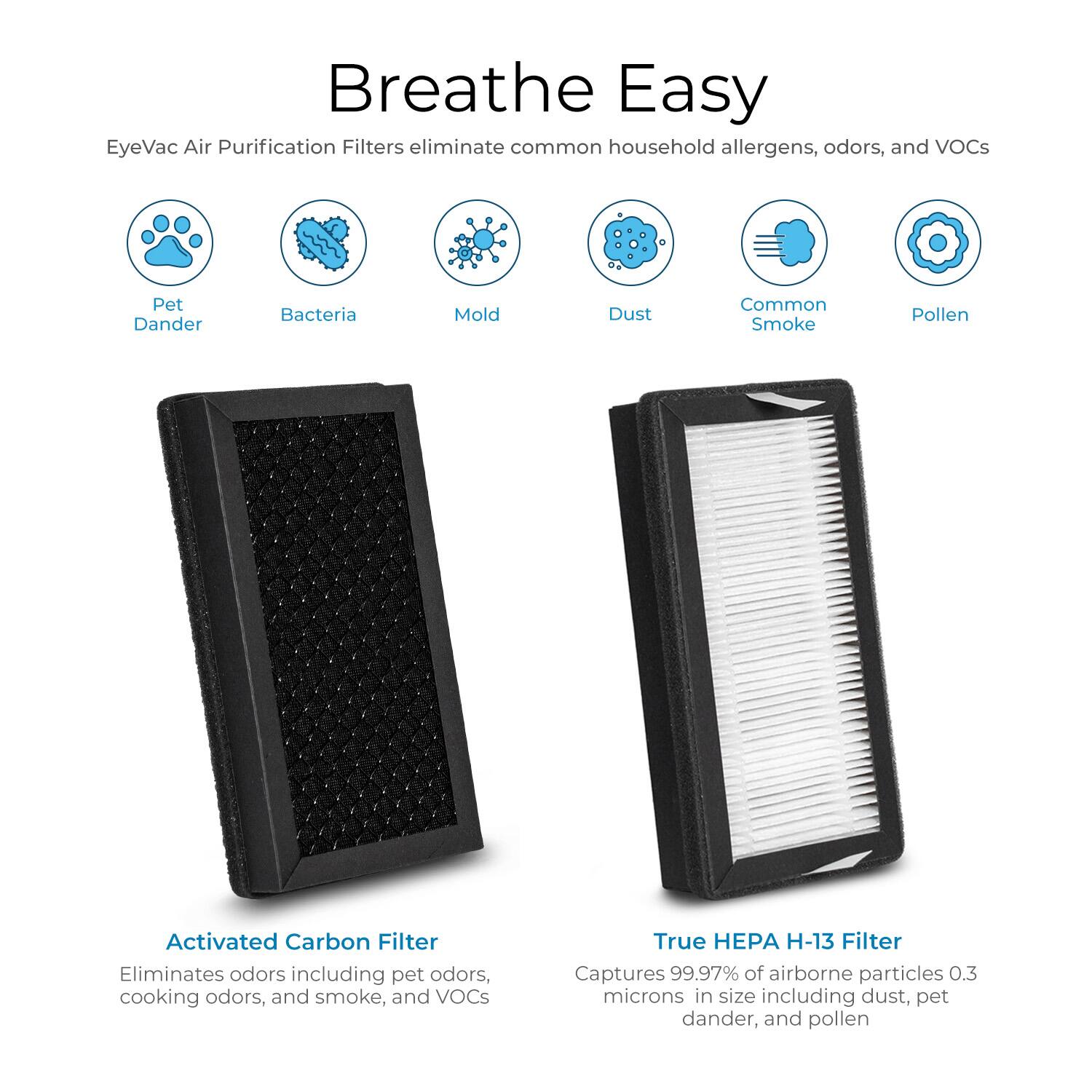Breathe Easy

EyeVac Air Purification Filters eliminate common household allergens, odors, and VOCs

- Pet Dander
- Bacteria
- Mold
- Dust
- Common Smoke
- Pollen

Activated Carbon Filter
Eliminates odors including pet odors, cooking odors, and smoke, and VOCs

True HEPA H-13 Filter
Captures 99.97% of airborne particles 0.3 microns in size including dust, pet dander, and pollen