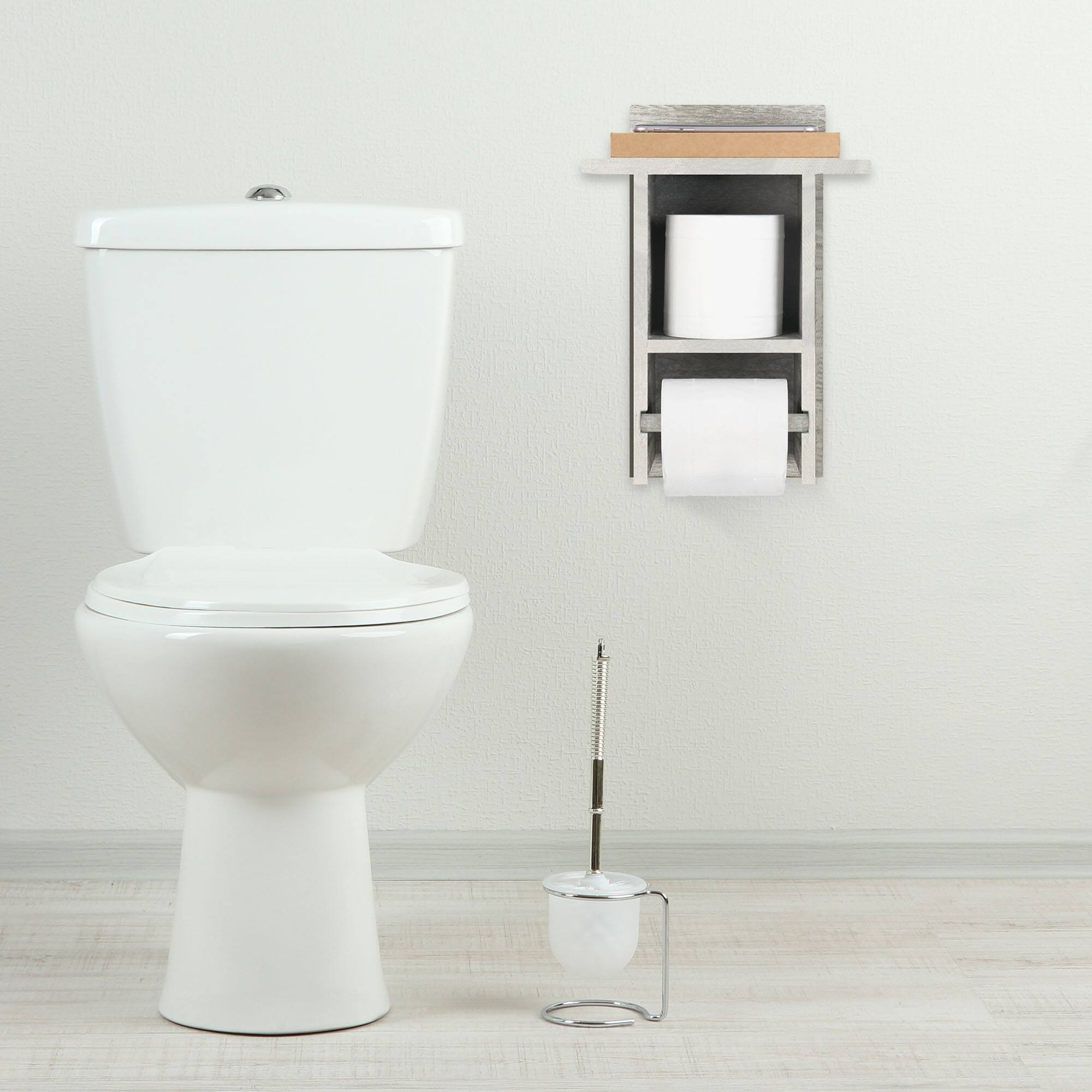 Alt View 1. Oumilen - Wall Mounted Double Toilet Paper Holder with Shelf – Olive Green Rustic Wood Tissue Rack.