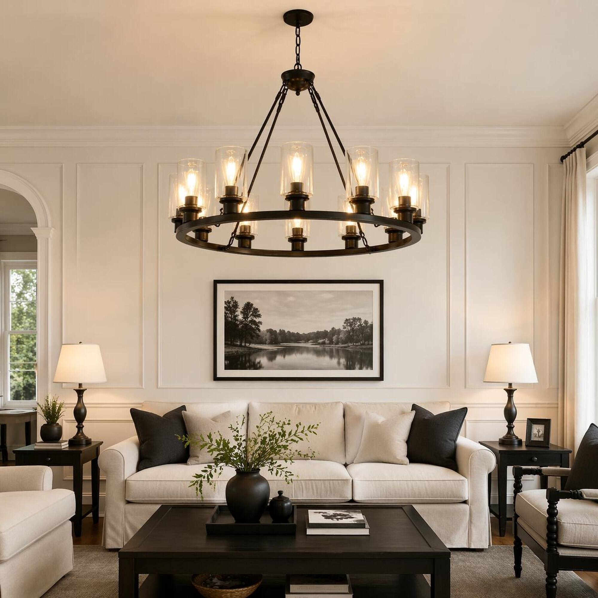 Left. RYHNUYNE - Black Wagon Wheel Chandelier 34.25 Inch Modern Farmhouse 9-Light Ceiling Pendant with Seeded Glass Shades.