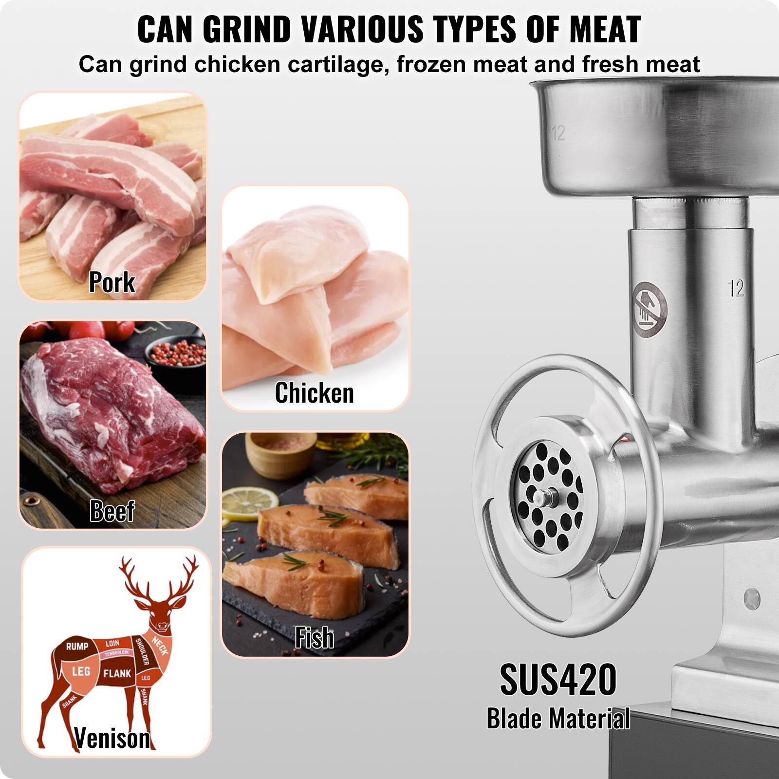 CAN GRIND VARIOUS TYPES OF MEAT  
Can grind chicken cartilage, frozen meat and fresh meat  

Pork  
Chicken  
Beef  
Fish  
Venison  

SUS420 Blade Material